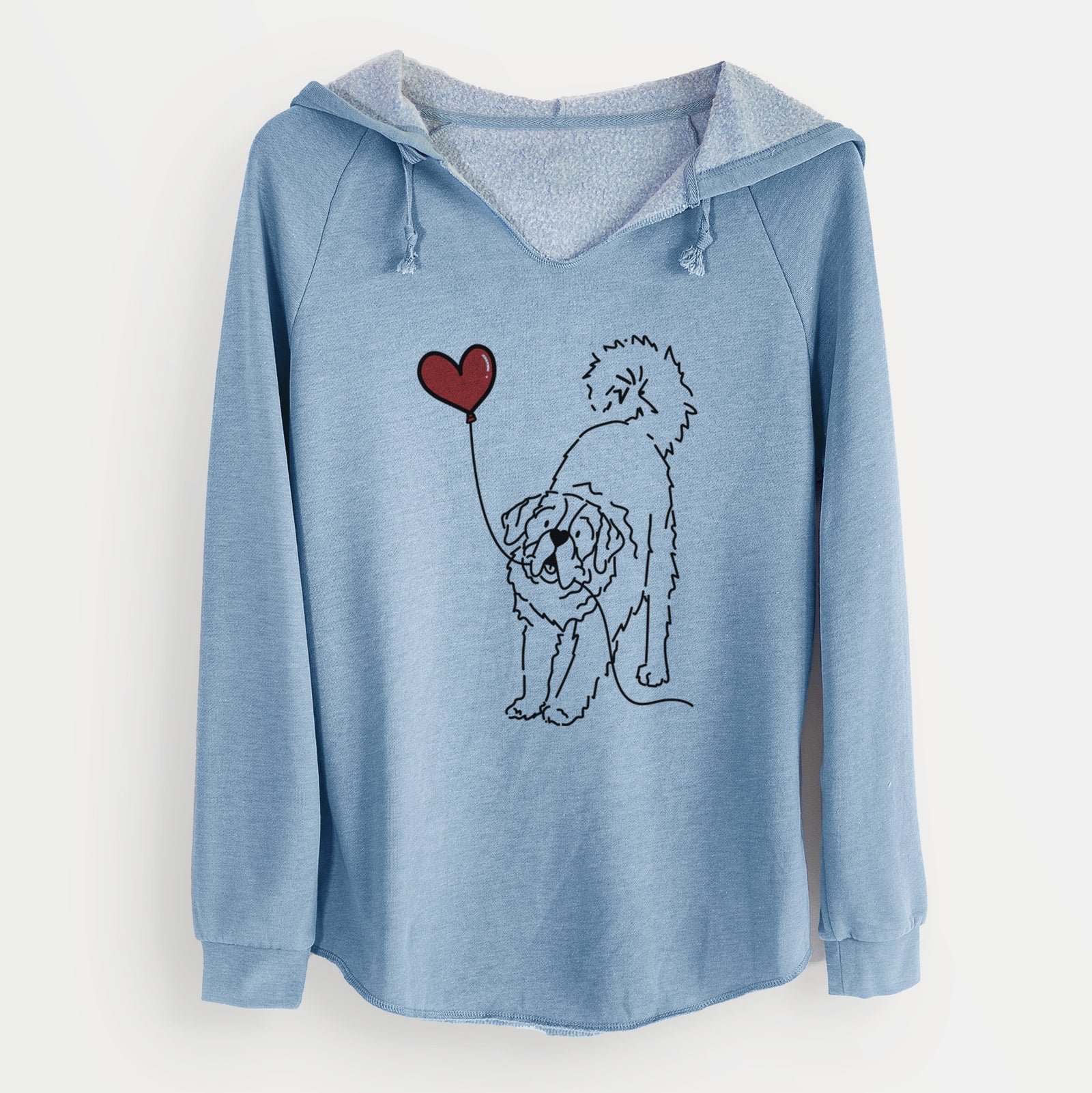 Minimalist line drawing of a Saint Bernard Heart String holding a heart balloon on a Misty Blue Cali Wave Hooded Sweatshirt