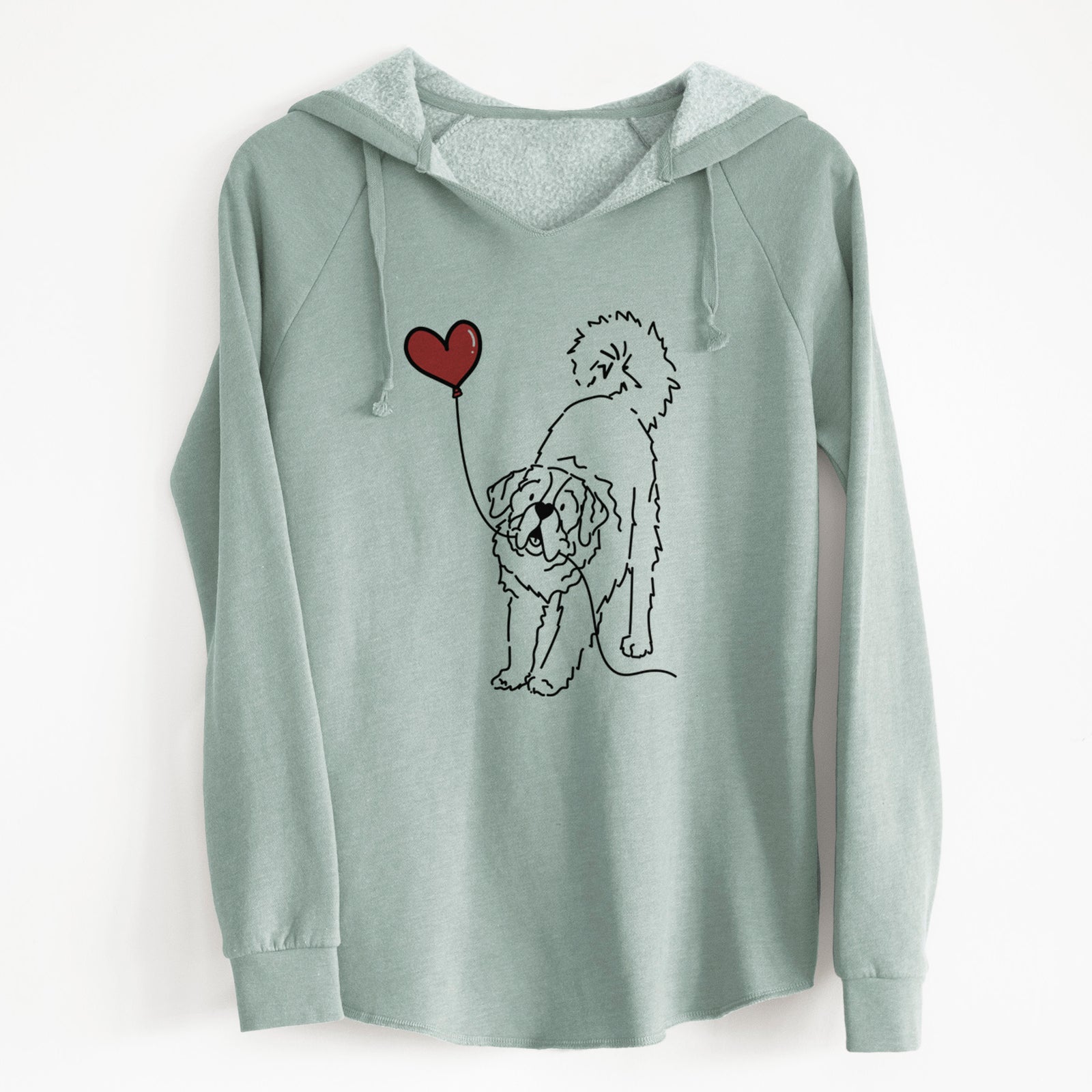 Minimalist line drawing of a Saint Bernard Heart String holding a heart balloon on a Sage Cali Wave Hooded Sweatshirt