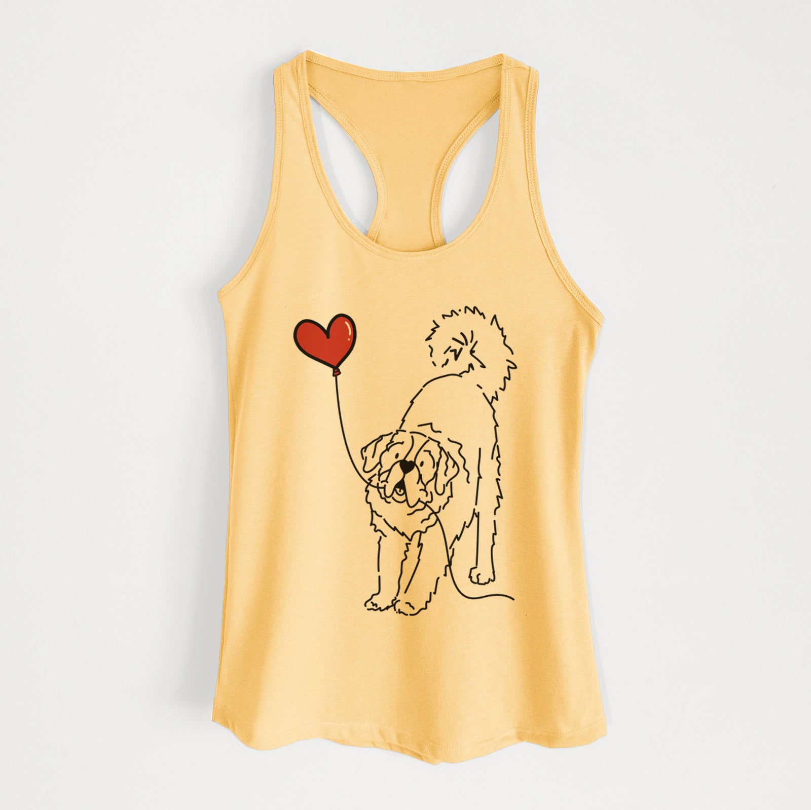 Minimalist line drawing of a Saint Bernard Heart String holding a heart balloon on a Banana Cream Women's racerback tanktop