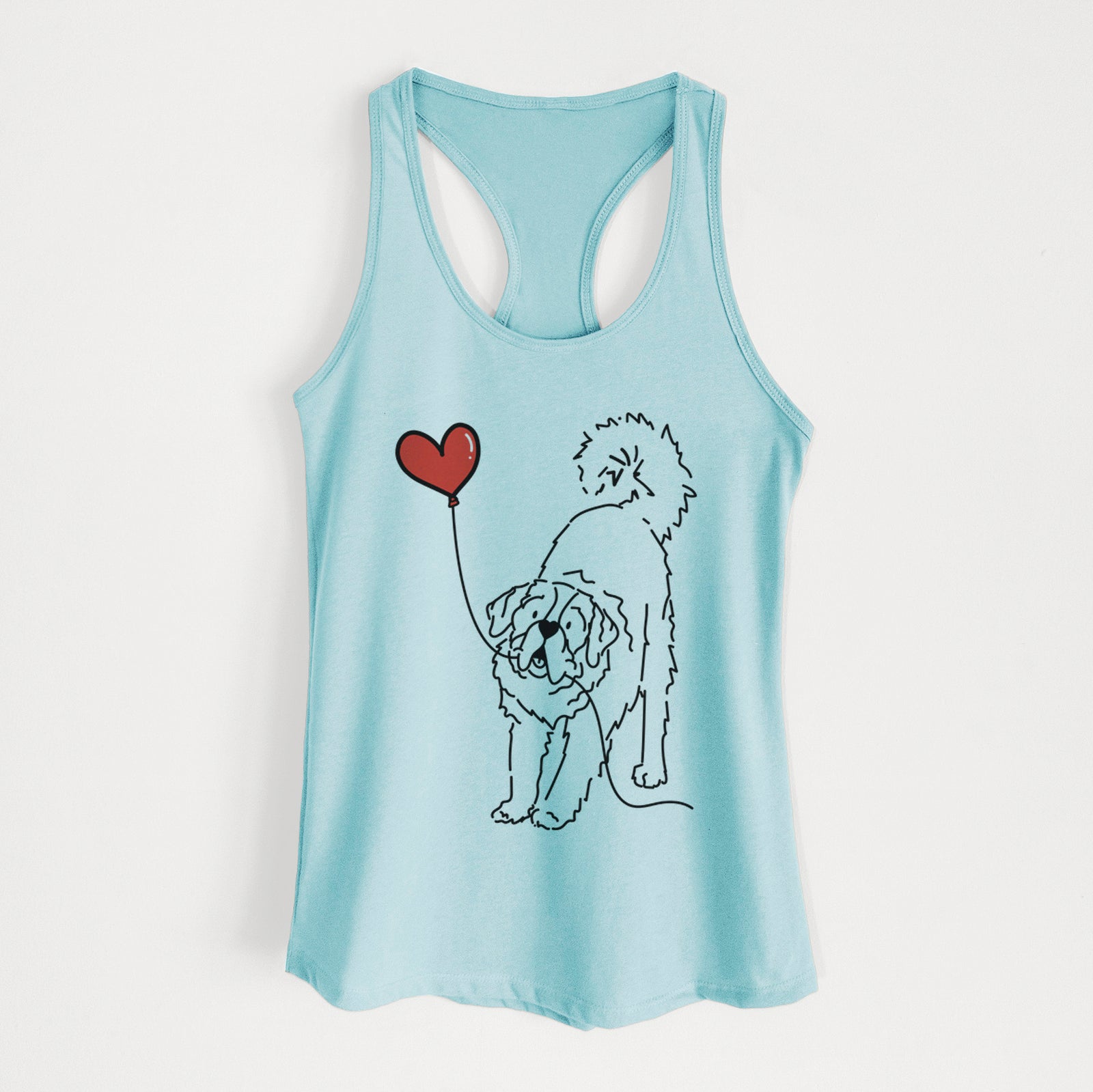 Minimalist line drawing of a Saint Bernard Heart String holding a heart balloon on a Cancun Blue Women's racerback tanktop