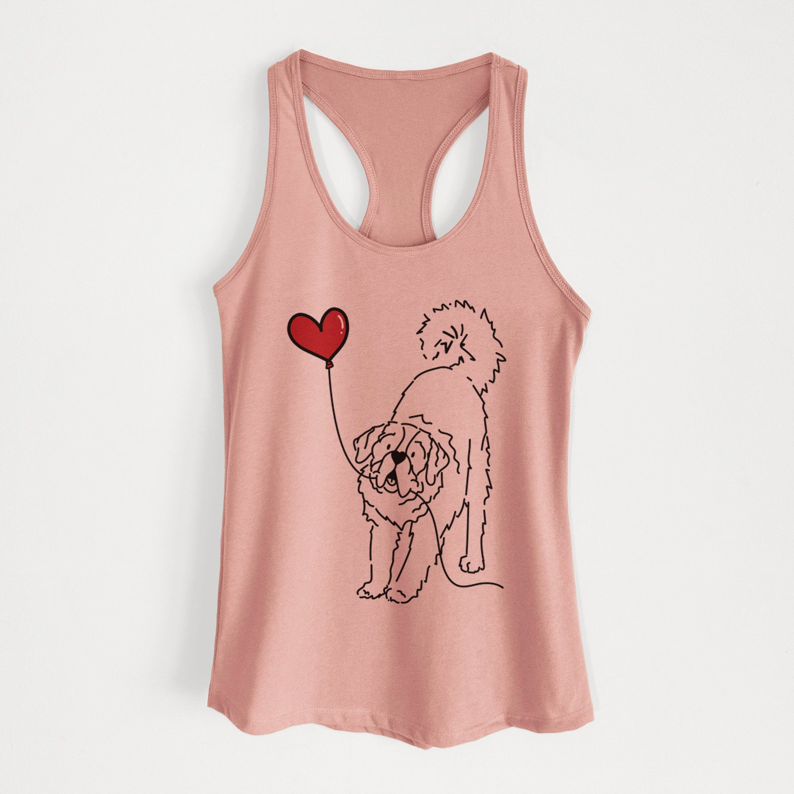 Minimalist line drawing of a Saint Bernard Heart String holding a heart balloon on a Desert Pink Women's racerback tanktop