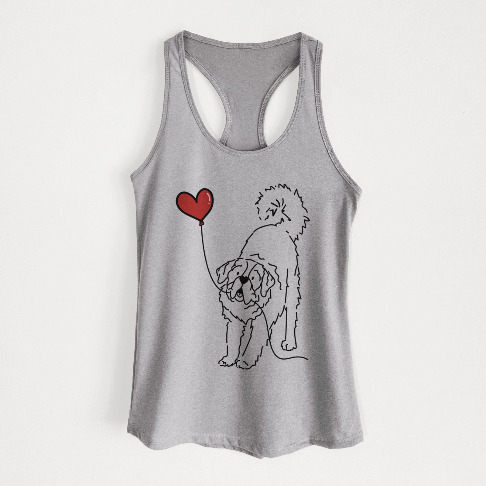 Minimalist line drawing of a Saint Bernard Heart String holding a heart balloon on a Heather Grey Women's racerback tanktop