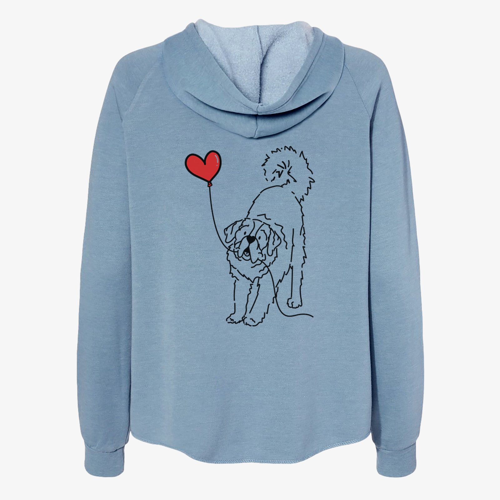 Minimalist line drawing of a Saint Bernard Heart String- Women's Cali Wave Zip-Up Sweatshirt holding a heart balloon on a Misty Blue Cali Wave Zipup Sweatshirt