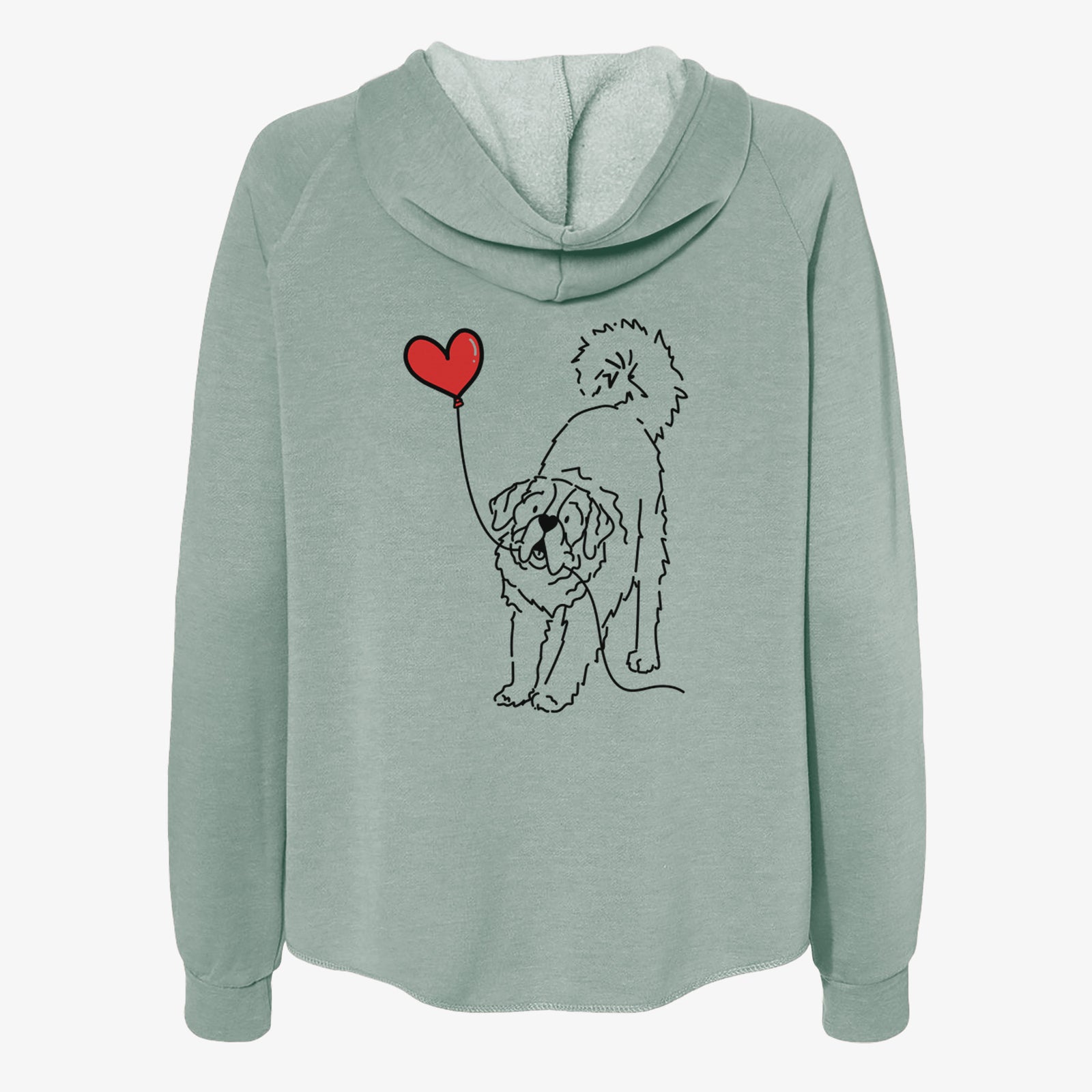 Minimalist line drawing of a Saint Bernard Heart String- Women's Cali Wave Zip-Up Sweatshirt holding a heart balloon on a Sage Cali Wave Zipup Sweatshirt