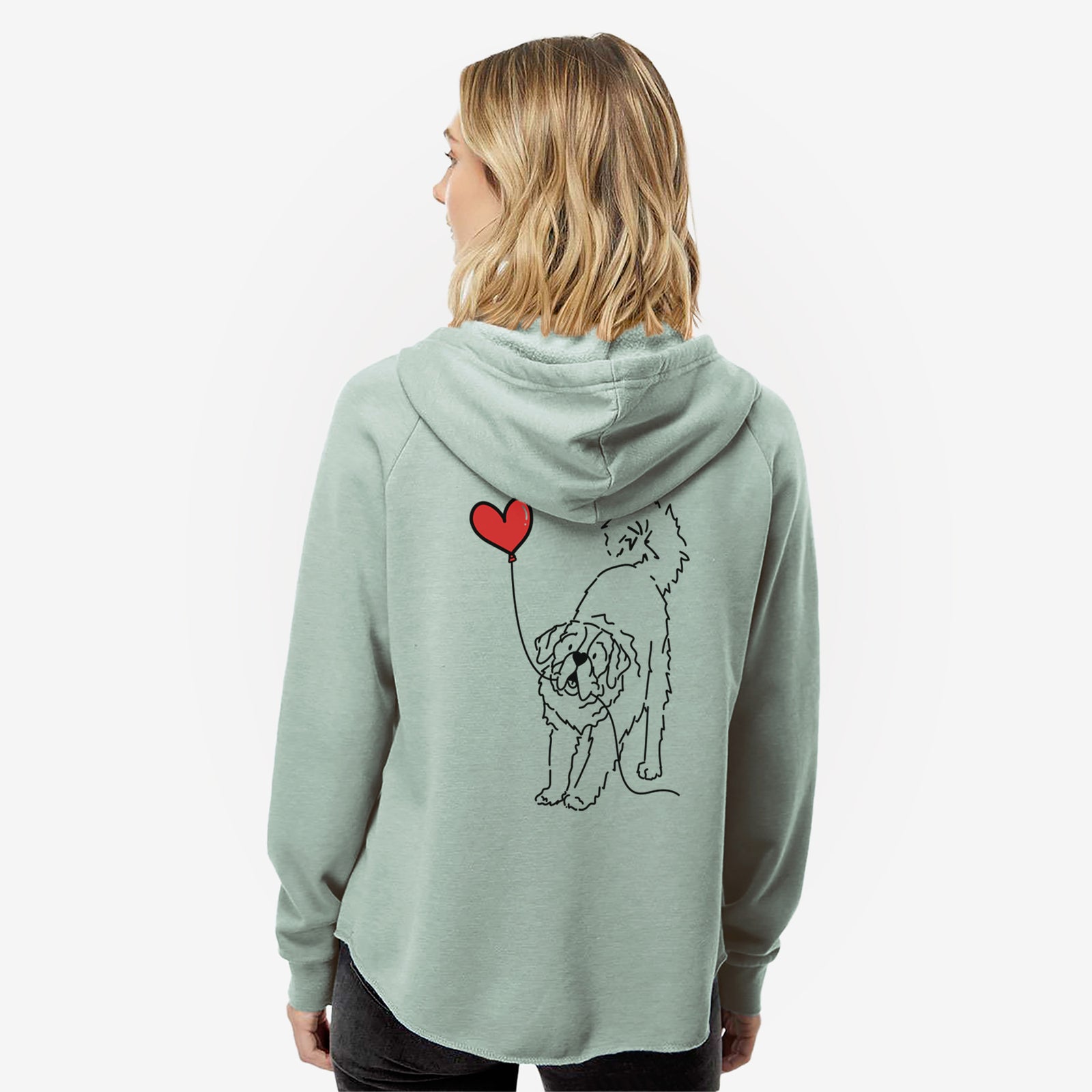 Minimalist line drawing of a Saint Bernard Heart String- Women's Cali Wave Zip-Up Sweatshirt holding a heart balloon on a Sage Cali Wave Zipup Sweatshirt