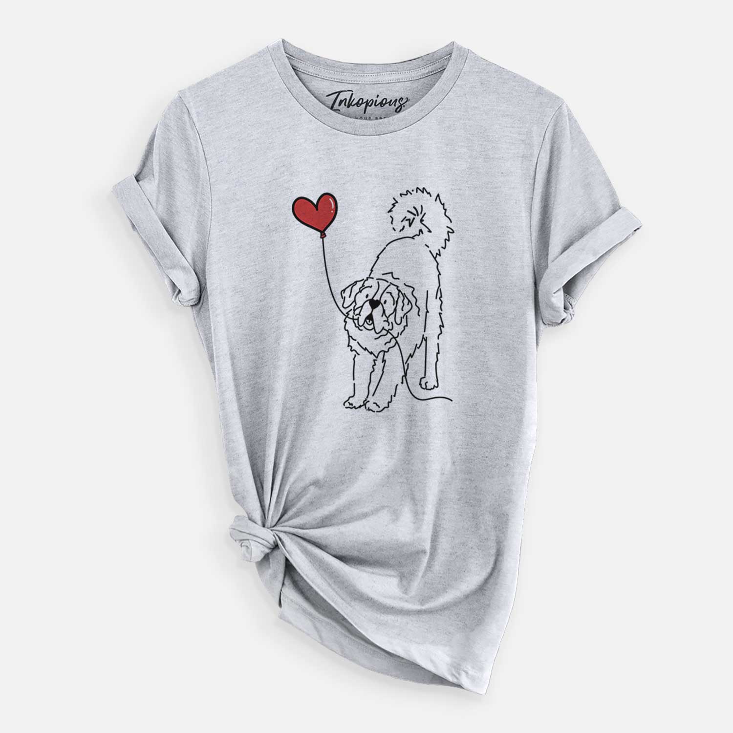 Minimalist line drawing of a Saint Bernard Heart String holding a heart balloon on a Grey Unisex crewneck