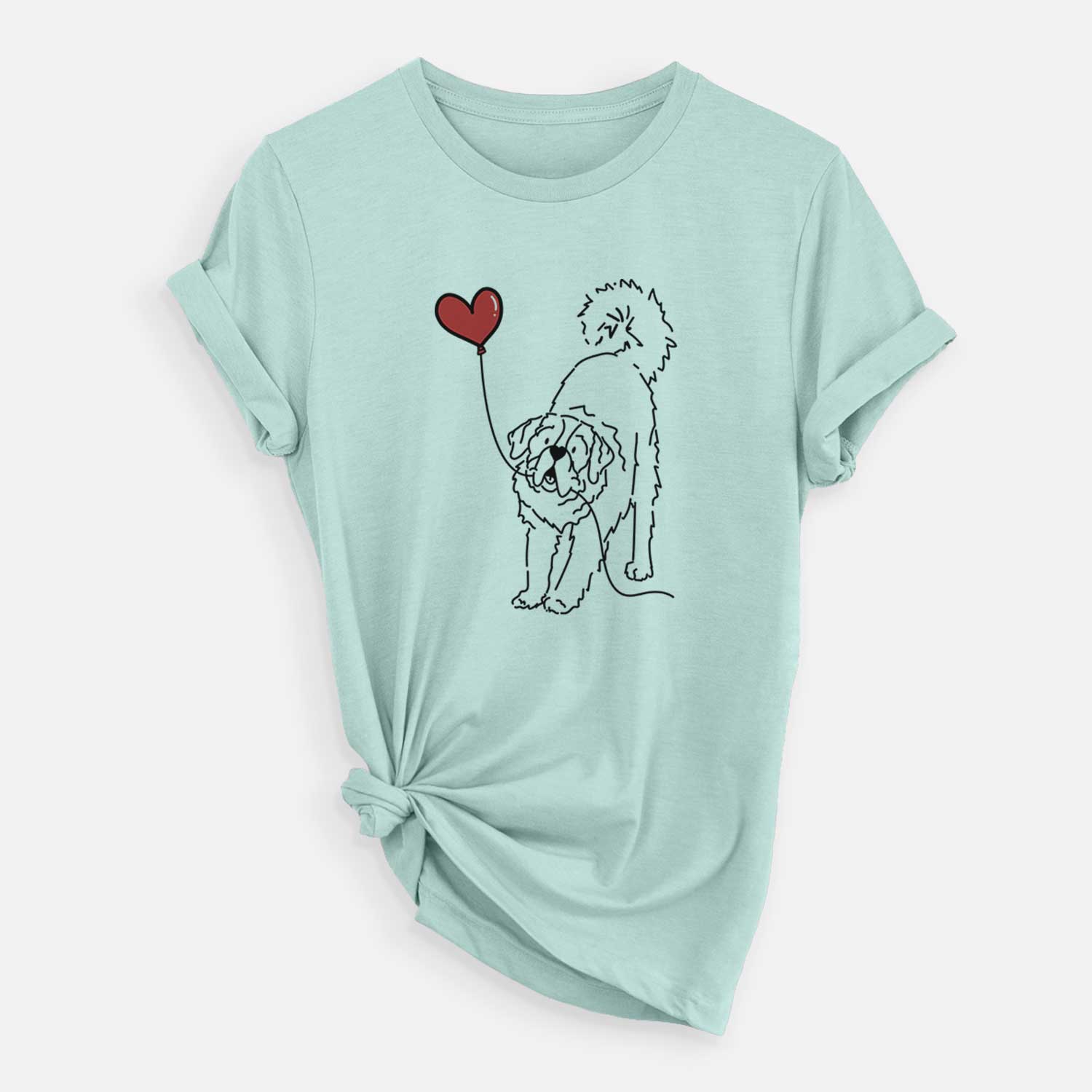Minimalist line drawing of a Saint Bernard Heart String holding a heart balloon on a Heather Sage Unisex crewneck