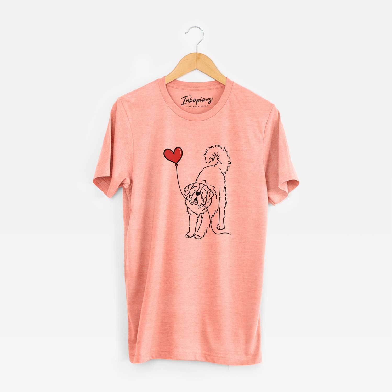 Minimalist line drawing of a Saint Bernard Heart String holding a heart balloon on a Sunset Unisex crewneck