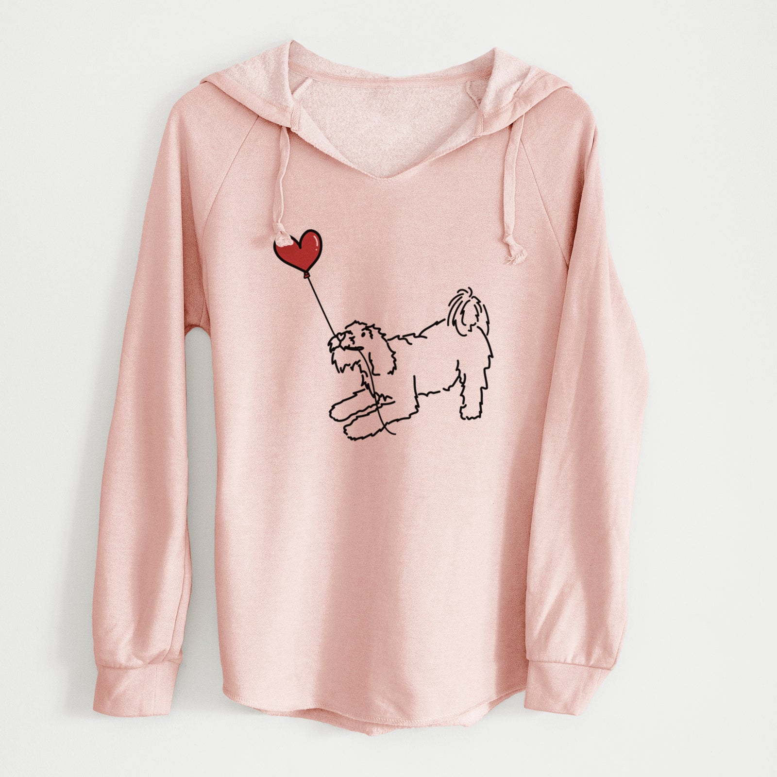 Minimalist line drawing of a Terrier Mix Heart String holding a heart balloon on a Blush Cali Wave Hooded Sweatshirt