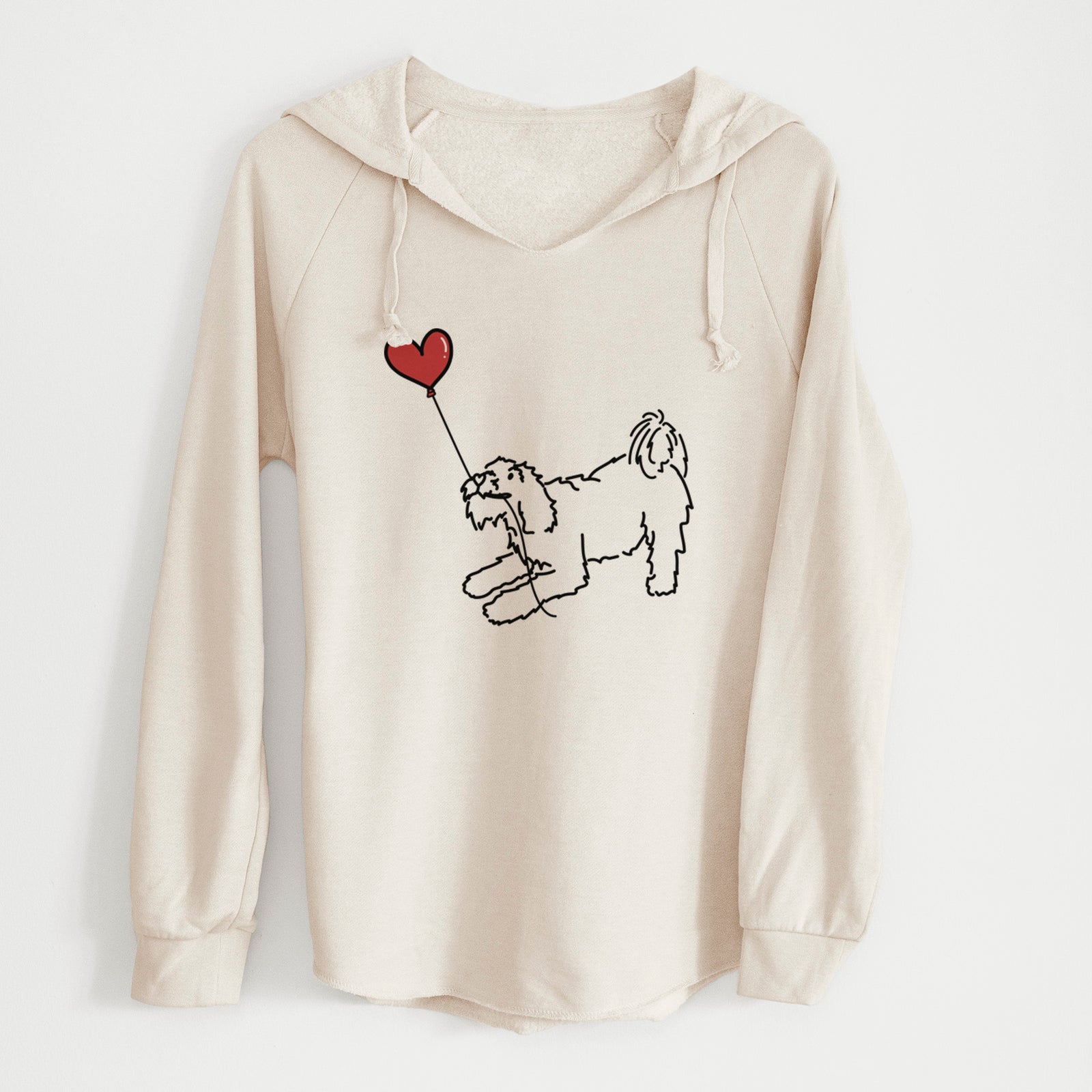 Minimalist line drawing of a Terrier Mix Heart String holding a heart balloon on a Bone Cali Wave Hooded Sweatshirt