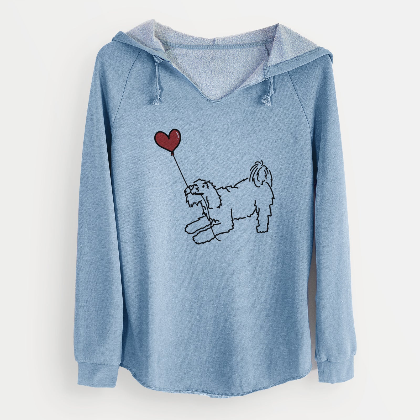 Minimalist line drawing of a Terrier Mix Heart String holding a heart balloon on a Misty Blue Cali Wave Hooded Sweatshirt