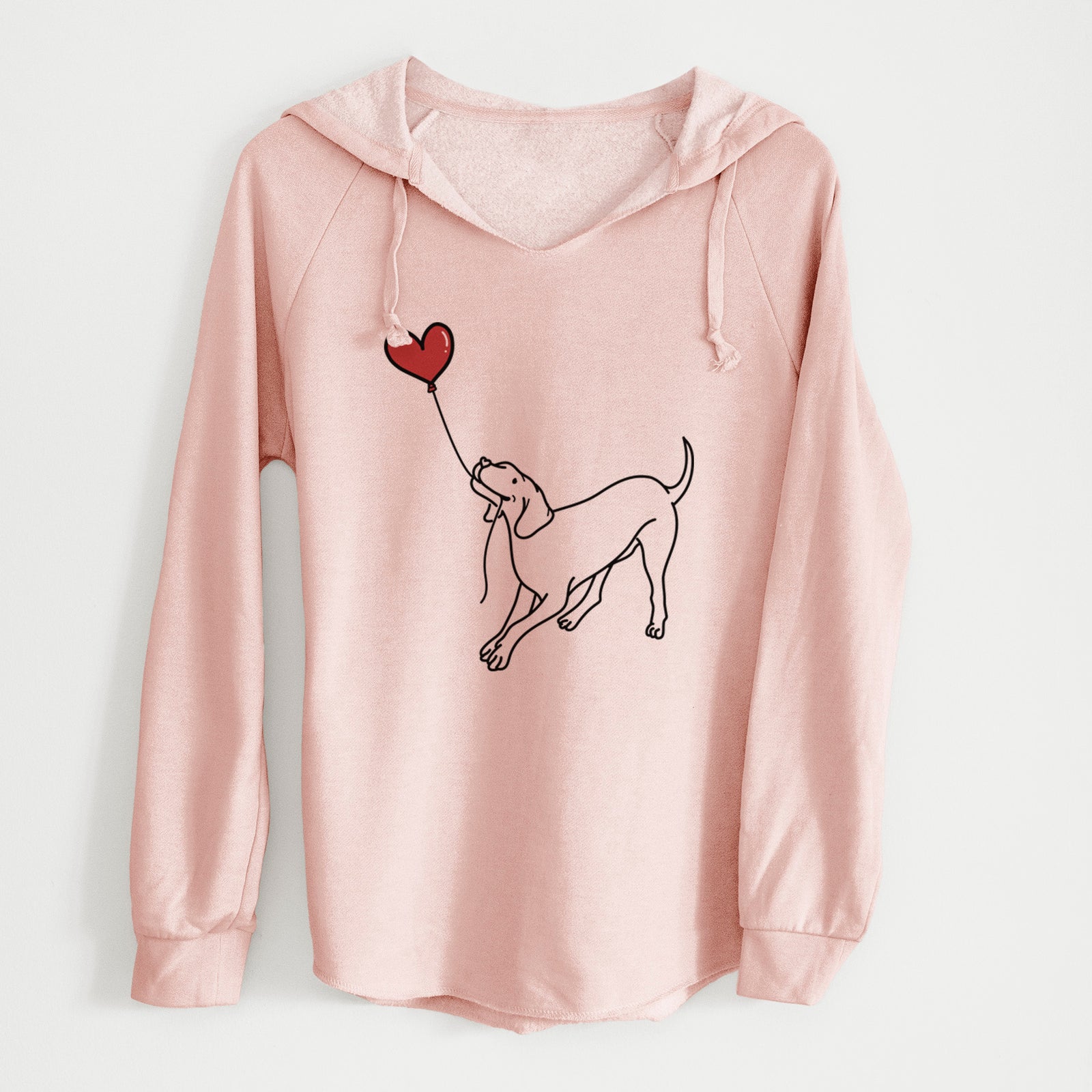 Minimalist line drawing of a Vizsla Heart String holding a heart balloon on a Blush Cali Wave Hooded Sweatshirt