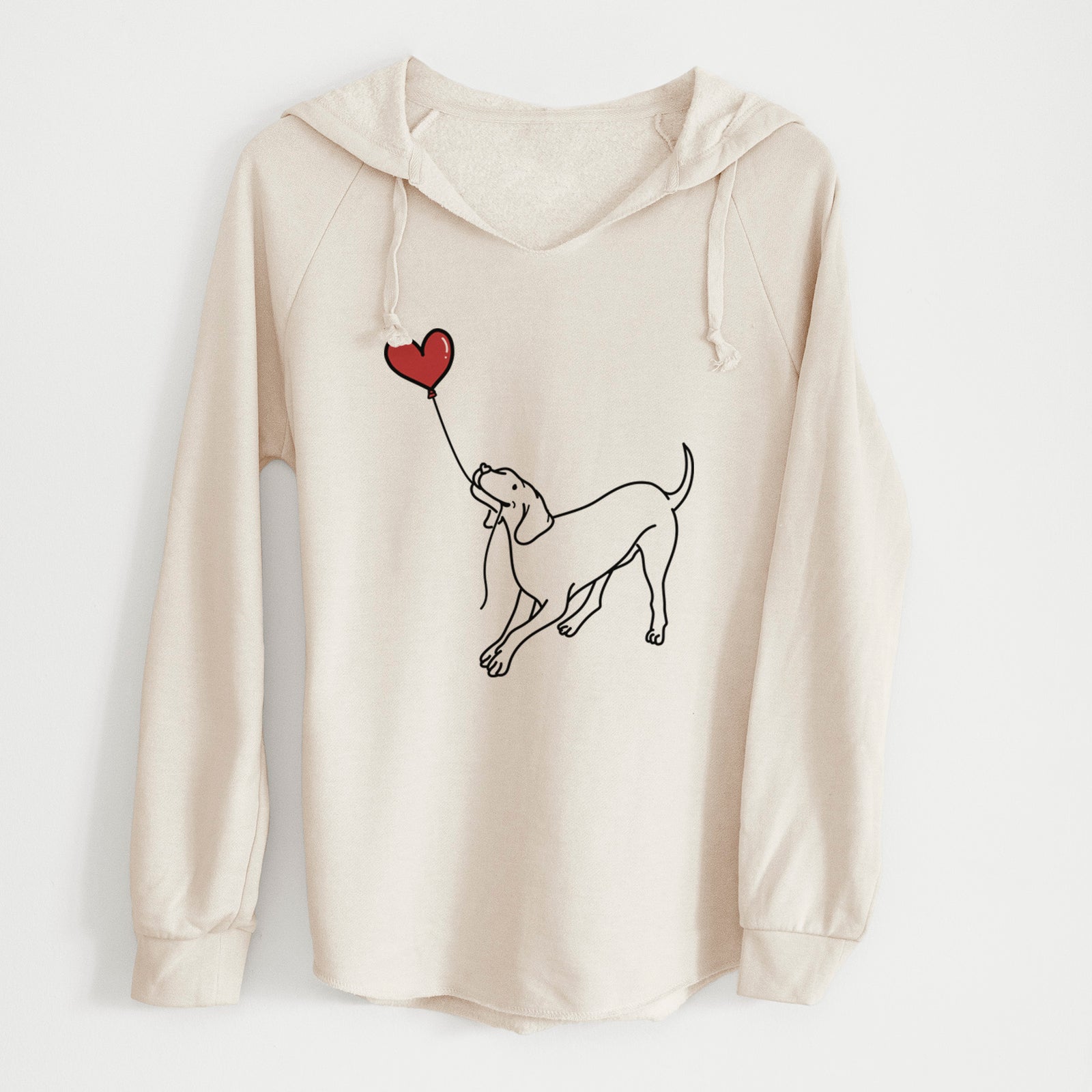 Minimalist line drawing of a Vizsla Heart String holding a heart balloon on a Bone Cali Wave Hooded Sweatshirt