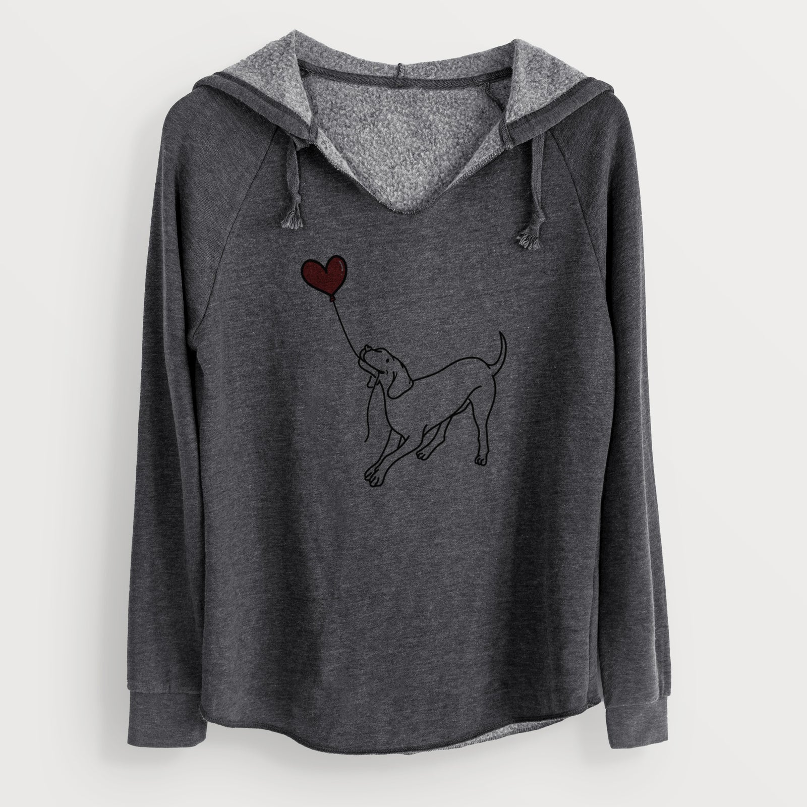 Minimalist line drawing of a Vizsla Heart String holding a heart balloon on a Charcoal Cali Wave Hooded Sweatshirt