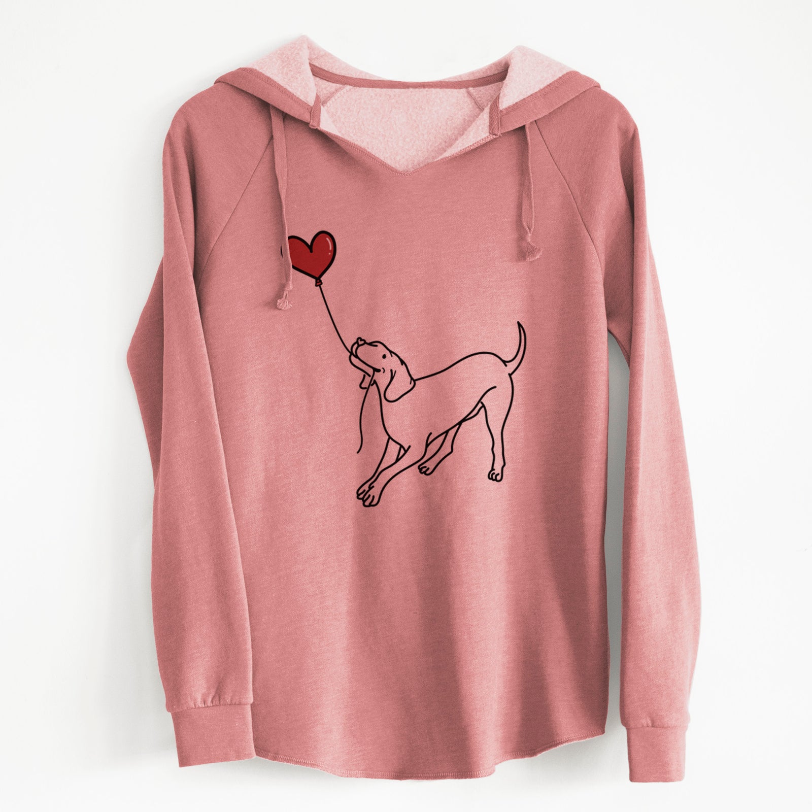 Minimalist line drawing of a Vizsla Heart String holding a heart balloon on a Dusty Rose Cali Wave Hooded Sweatshirt