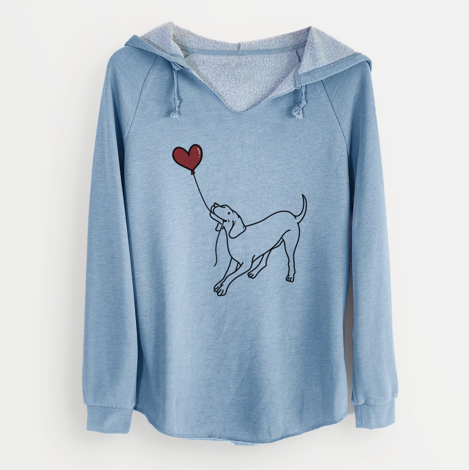 Minimalist line drawing of a Vizsla Heart String holding a heart balloon on a Misty Blue Cali Wave Hooded Sweatshirt