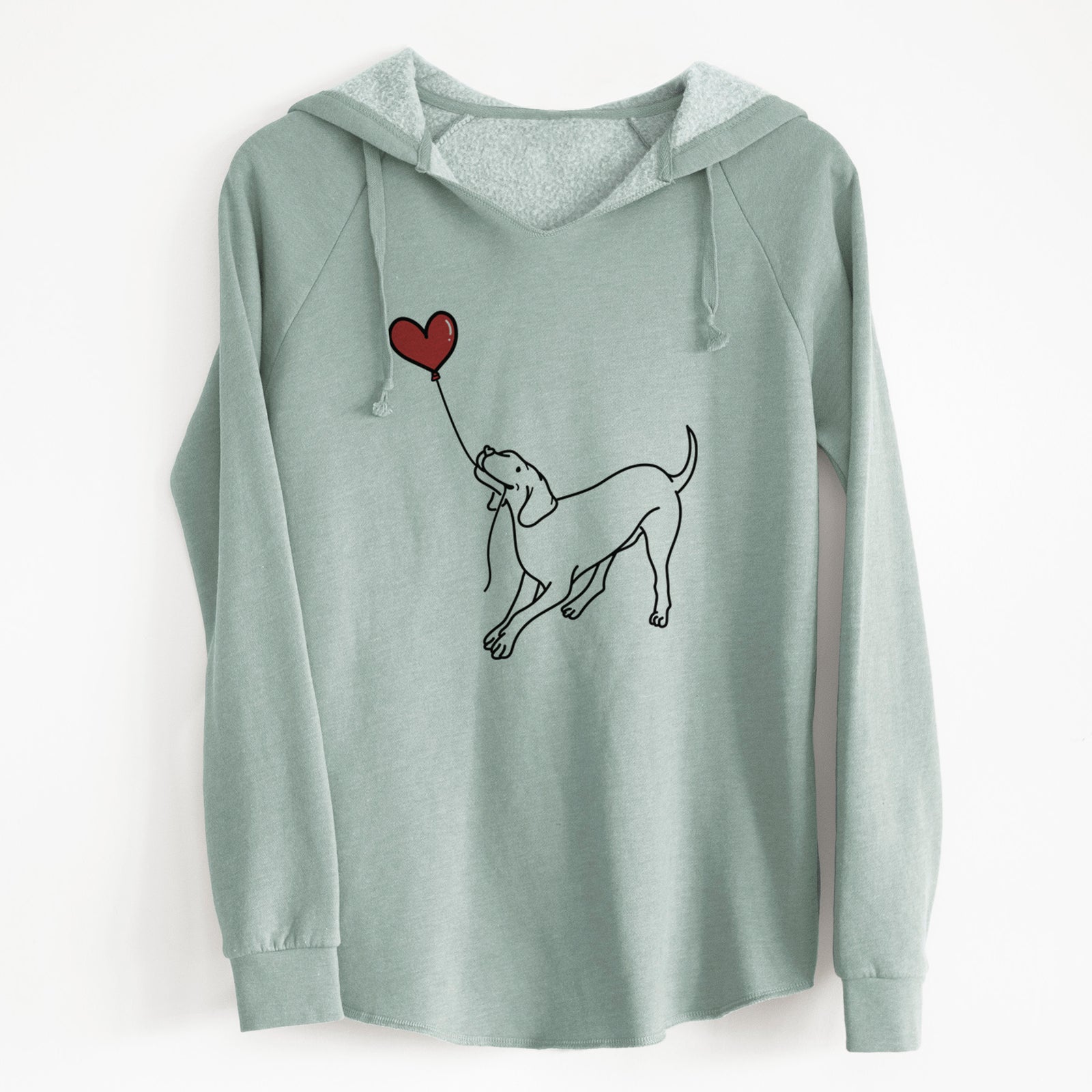 Minimalist line drawing of a Vizsla Heart String holding a heart balloon on a Sage Cali Wave Hooded Sweatshirt
