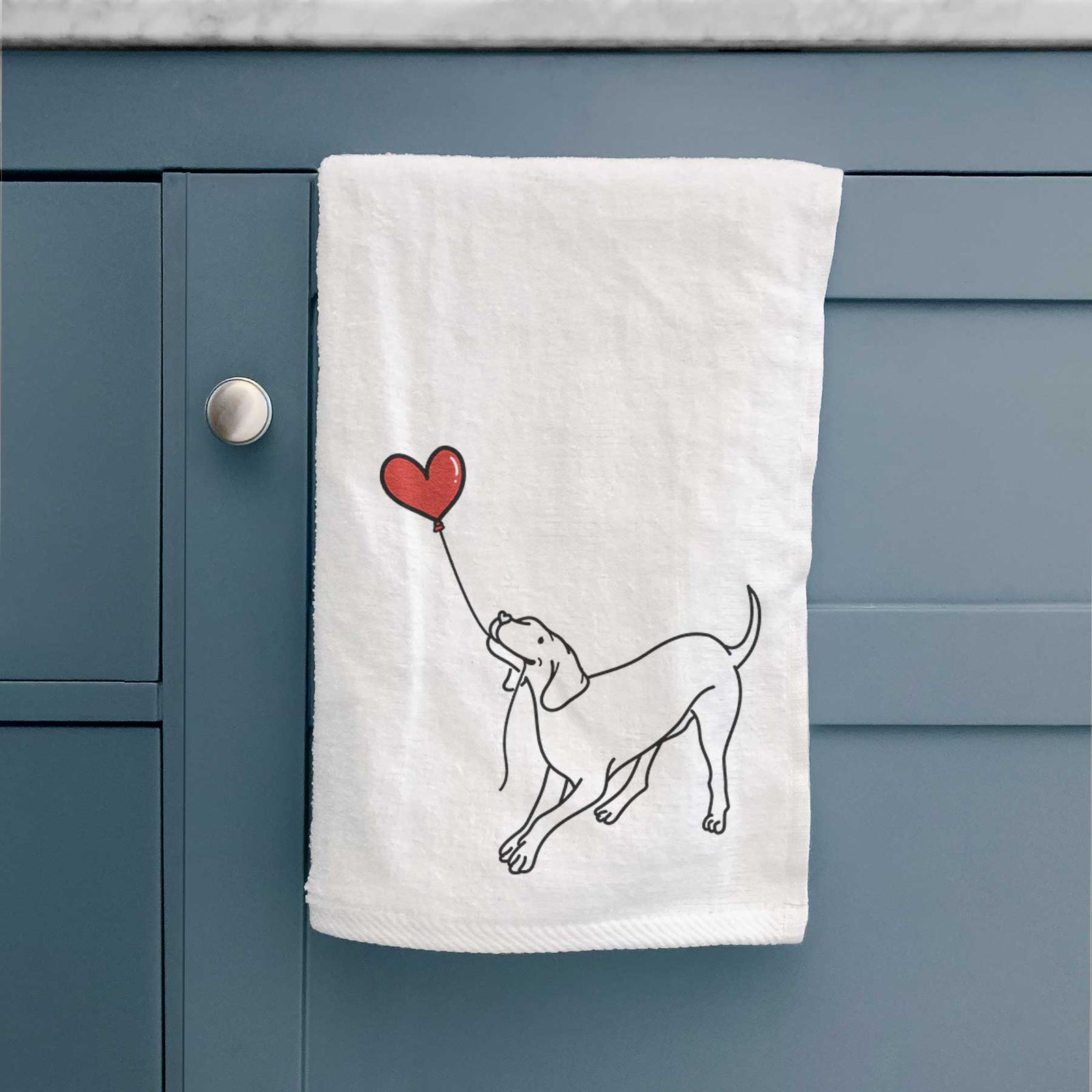 Minimalist line drawing of a Vizsla Heart String holding a heart balloon on a decorative hand towel