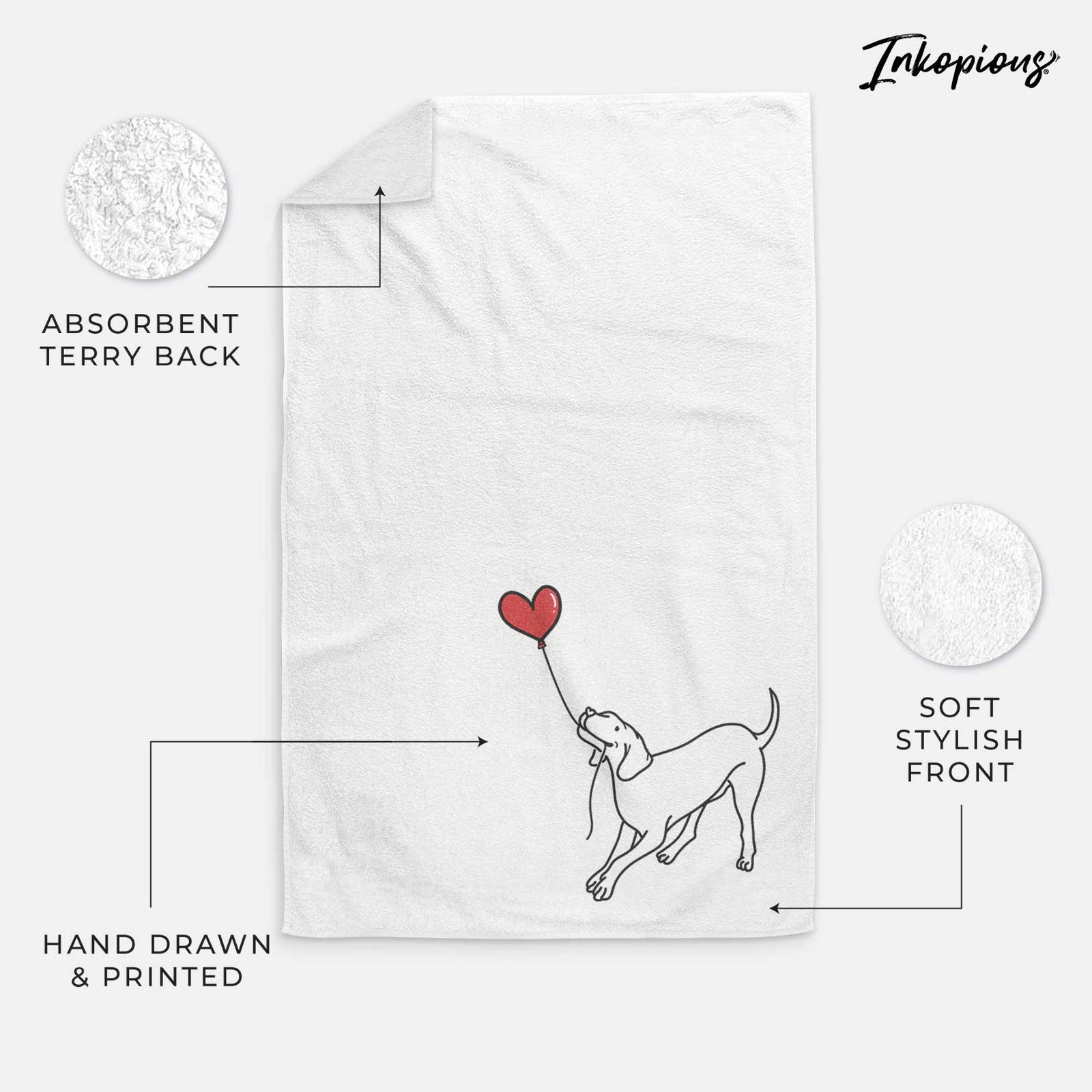 Minimalist line drawing of a Vizsla Heart String holding a heart balloon on a decorative hand towel
