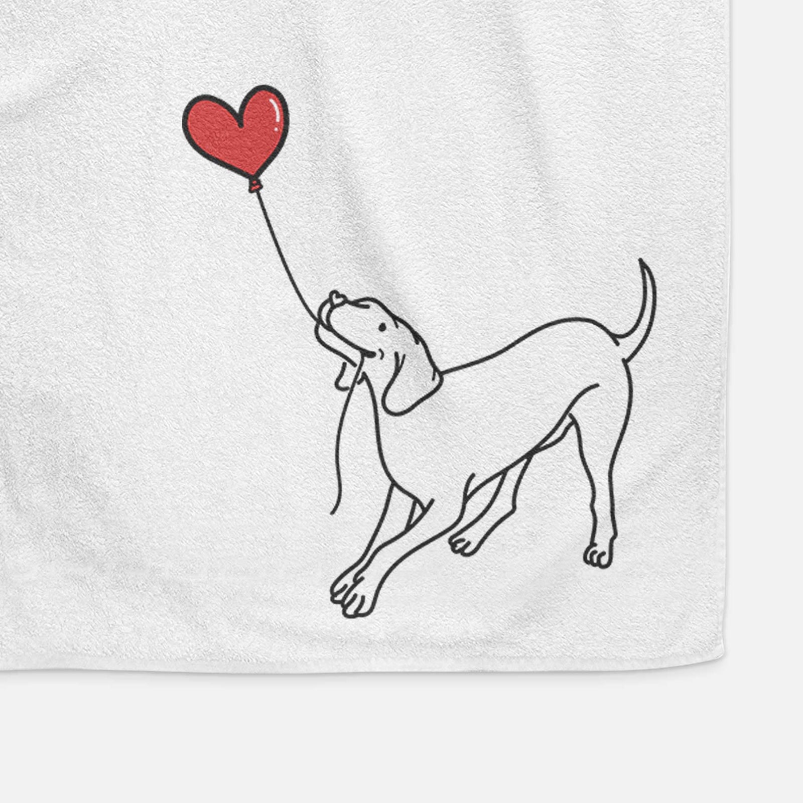 Minimalist line drawing of a Vizsla Heart String holding a heart balloon on a decorative hand towel