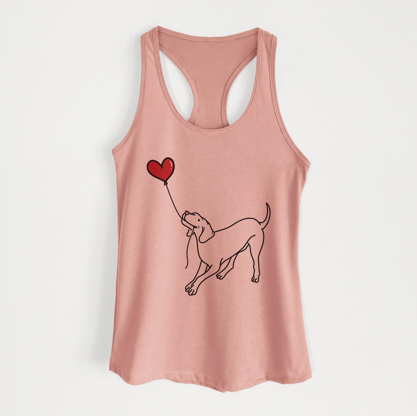 Minimalist line drawing of a Vizsla Heart String holding a heart balloon on a Desert Pink Women's racerback tanktop