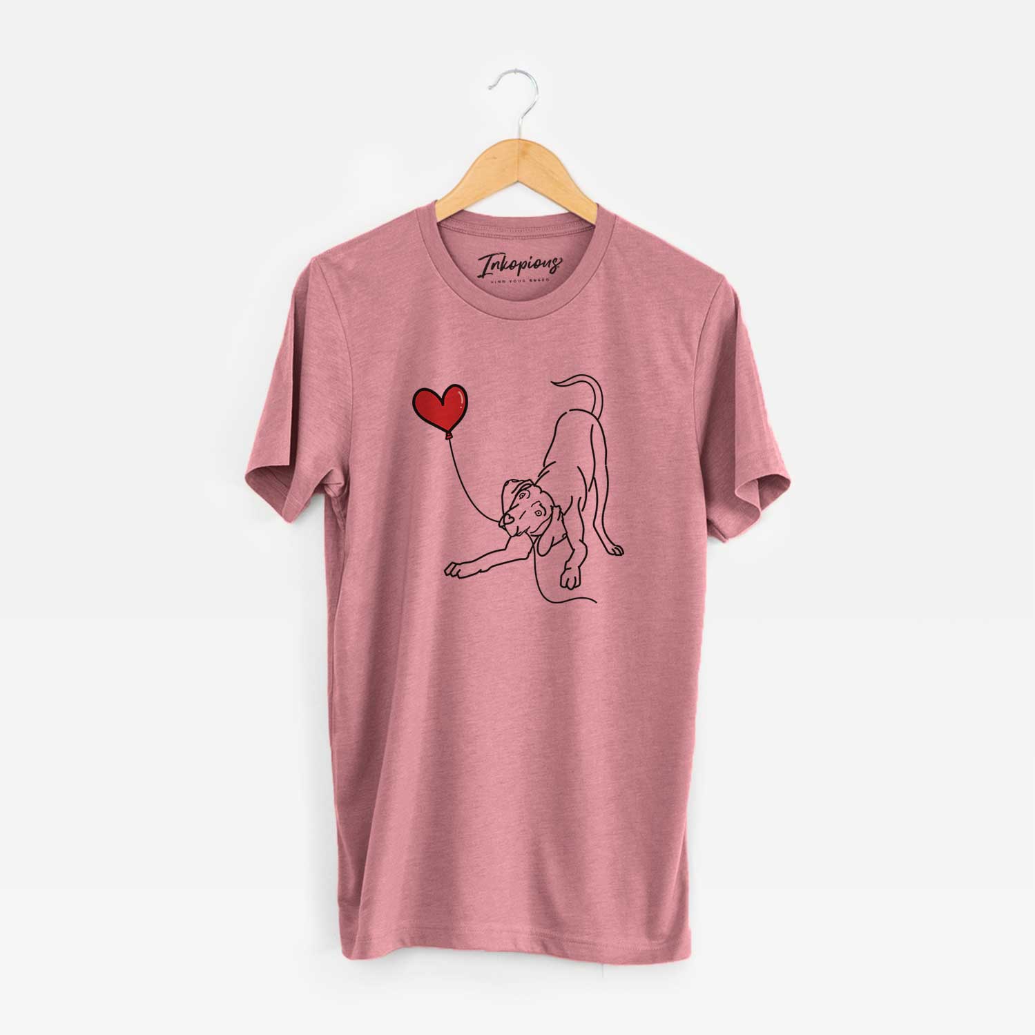 Minimalist line drawing of a Weimaraner Heart String holding a heart balloon on a Mauve Unisex crewneck