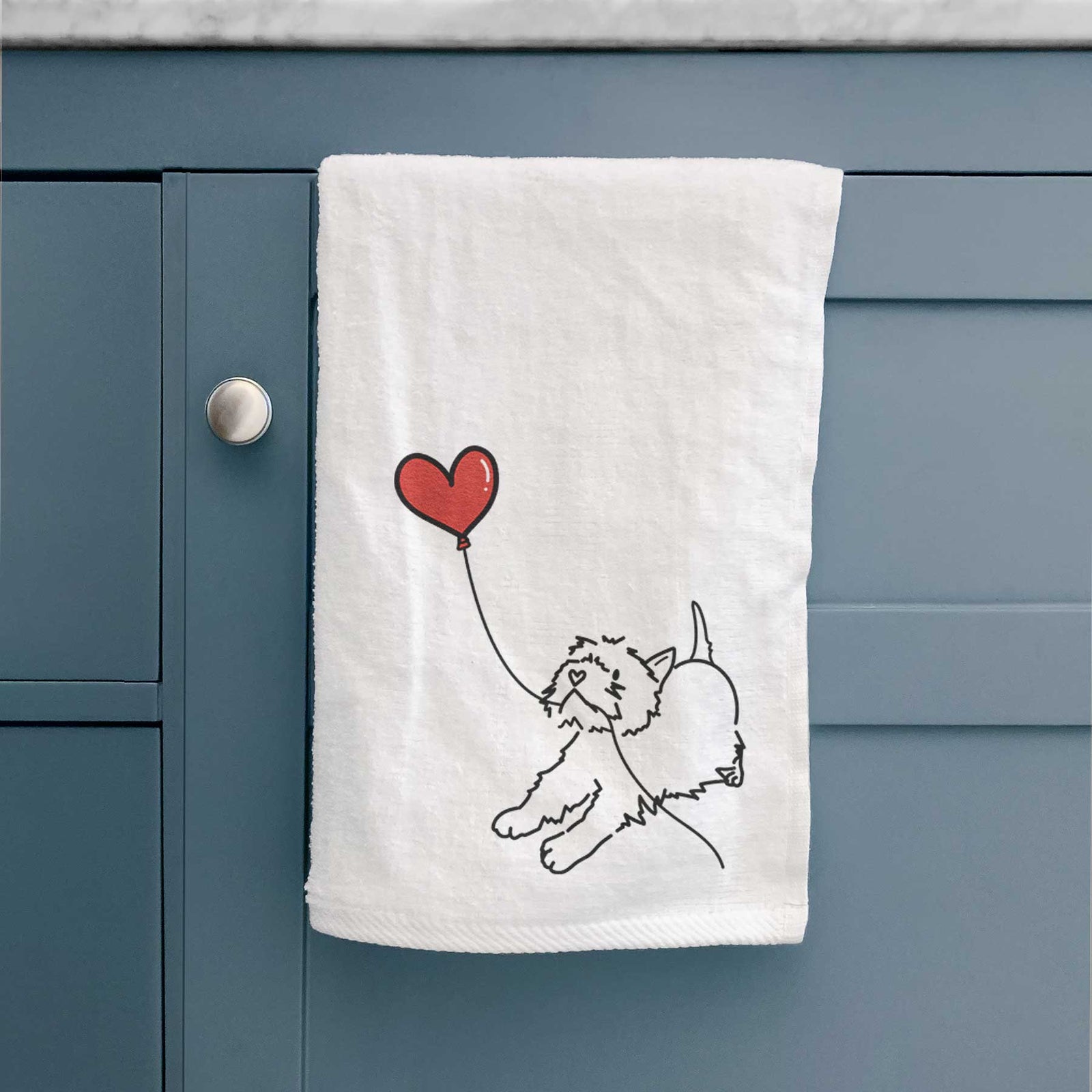 Minimalist line drawing of a West Highland Terrier Heart String holding a heart balloon on a decorative hand towel