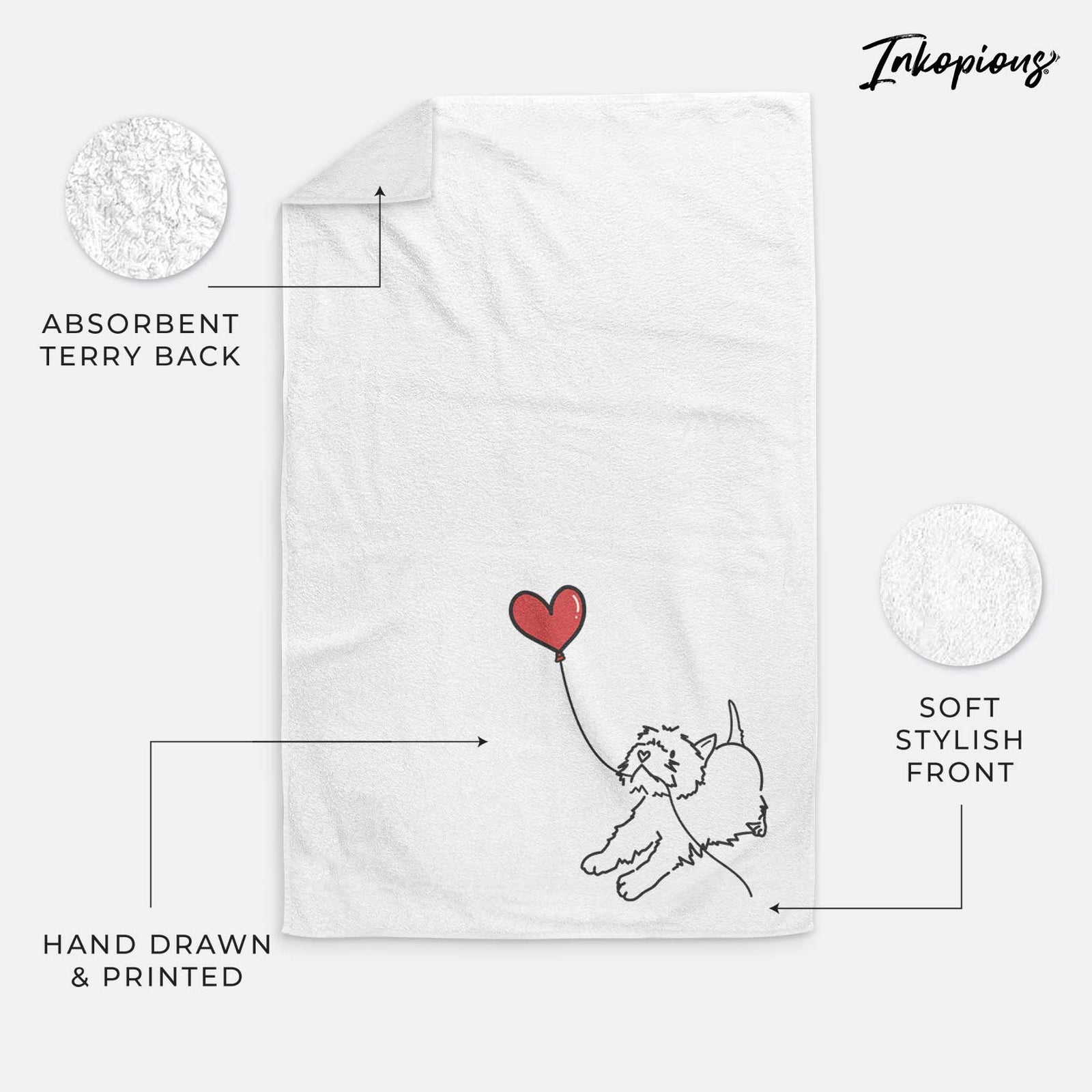Minimalist line drawing of a West Highland Terrier Heart String holding a heart balloon on a decorative hand towel