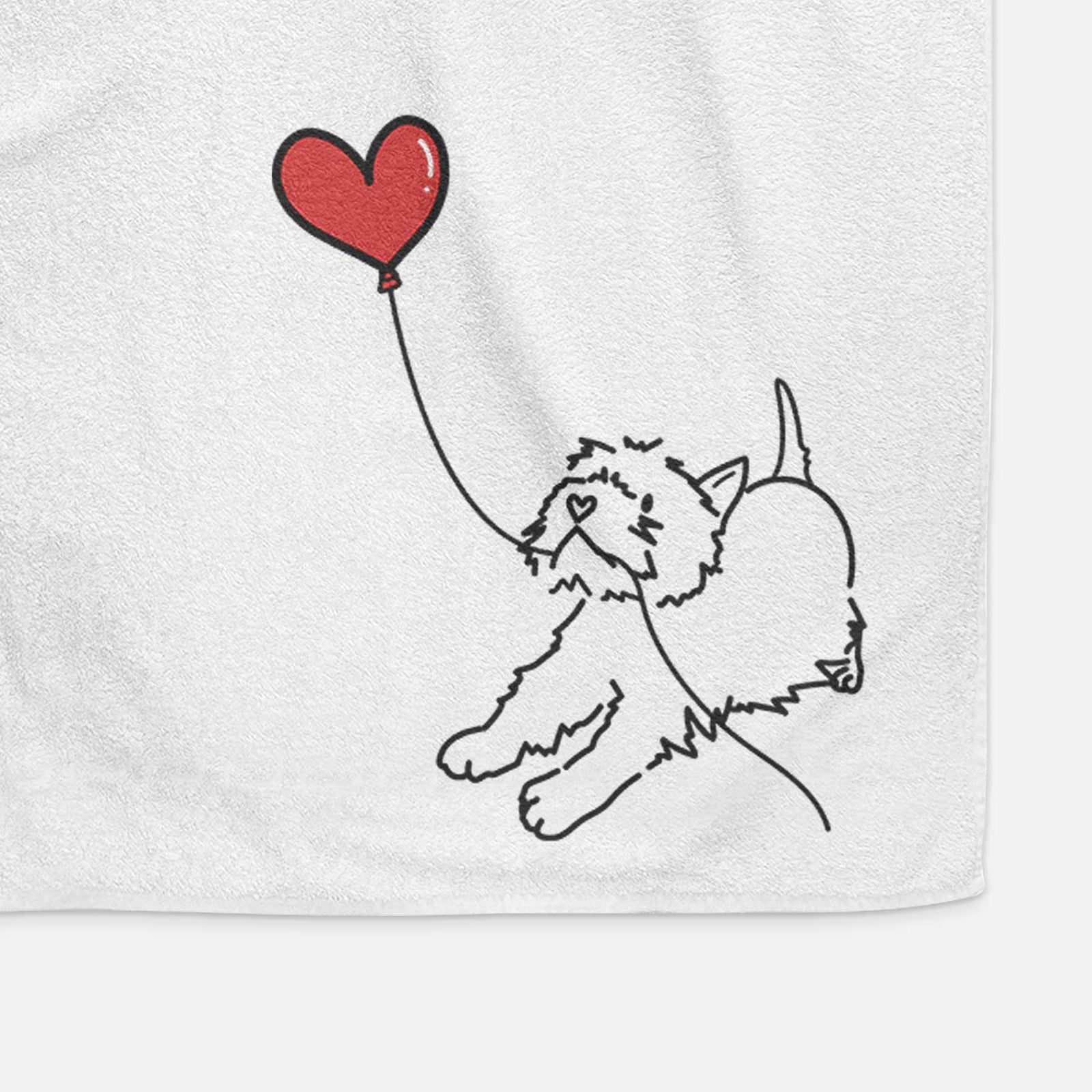 Minimalist line drawing of a West Highland Terrier Heart String holding a heart balloon on a decorative hand towel