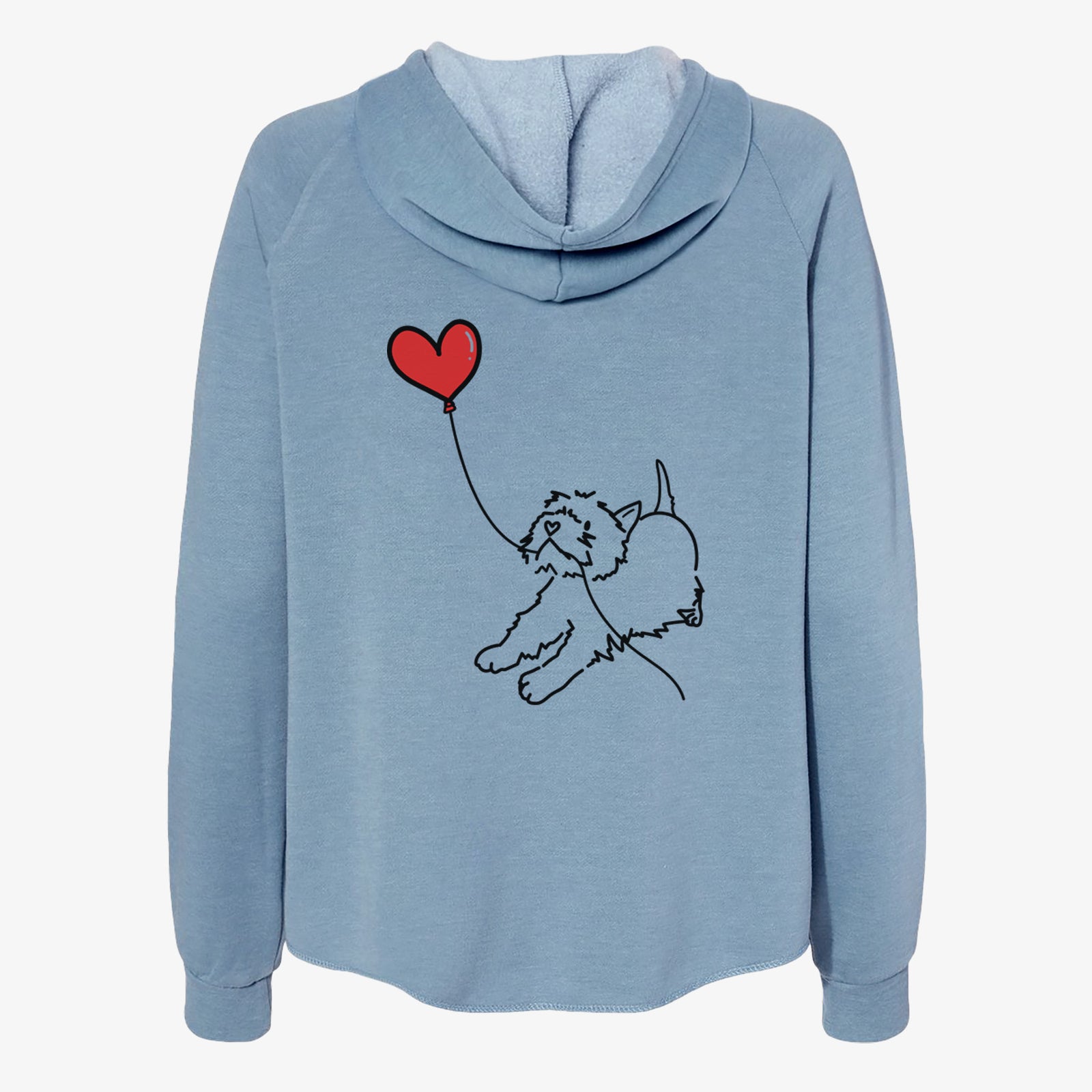 Minimalist line drawing of a West Highland Terrier Heart String- Women's Cali Wave Zip-Up Sweatshirt holding a heart balloon on a Misty Blue Cali Wave Zipup Sweatshirt