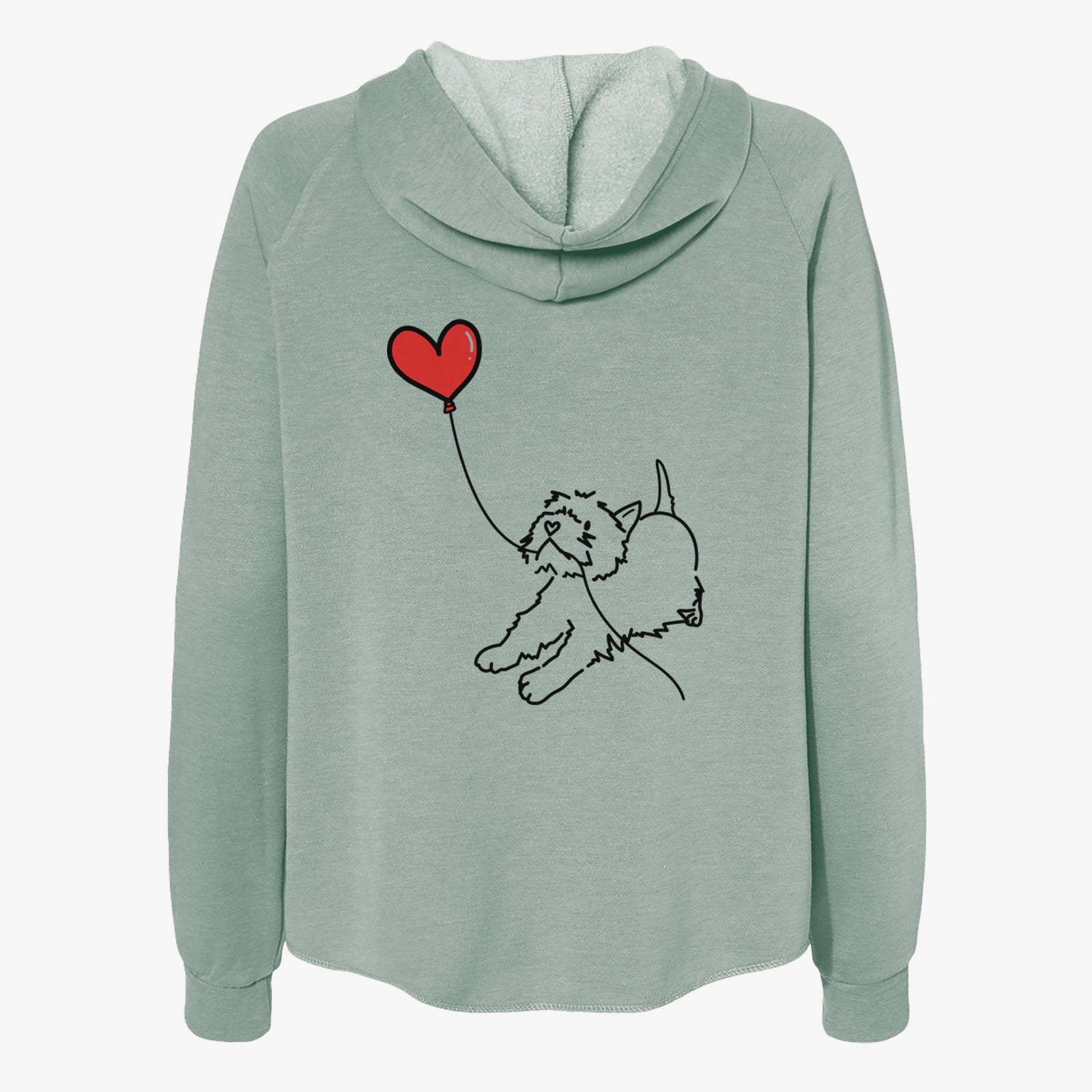 Minimalist line drawing of a West Highland Terrier Heart String- Women's Cali Wave Zip-Up Sweatshirt holding a heart balloon on a Sage Cali Wave Zipup Sweatshirt
