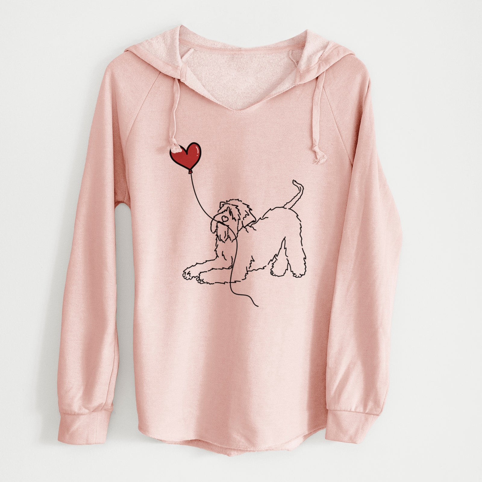 Minimalist line drawing of a Soft-Coated Wheaten Terrier Heart String holding a heart balloon on a Blush Cali Wave Hooded Sweatshirt