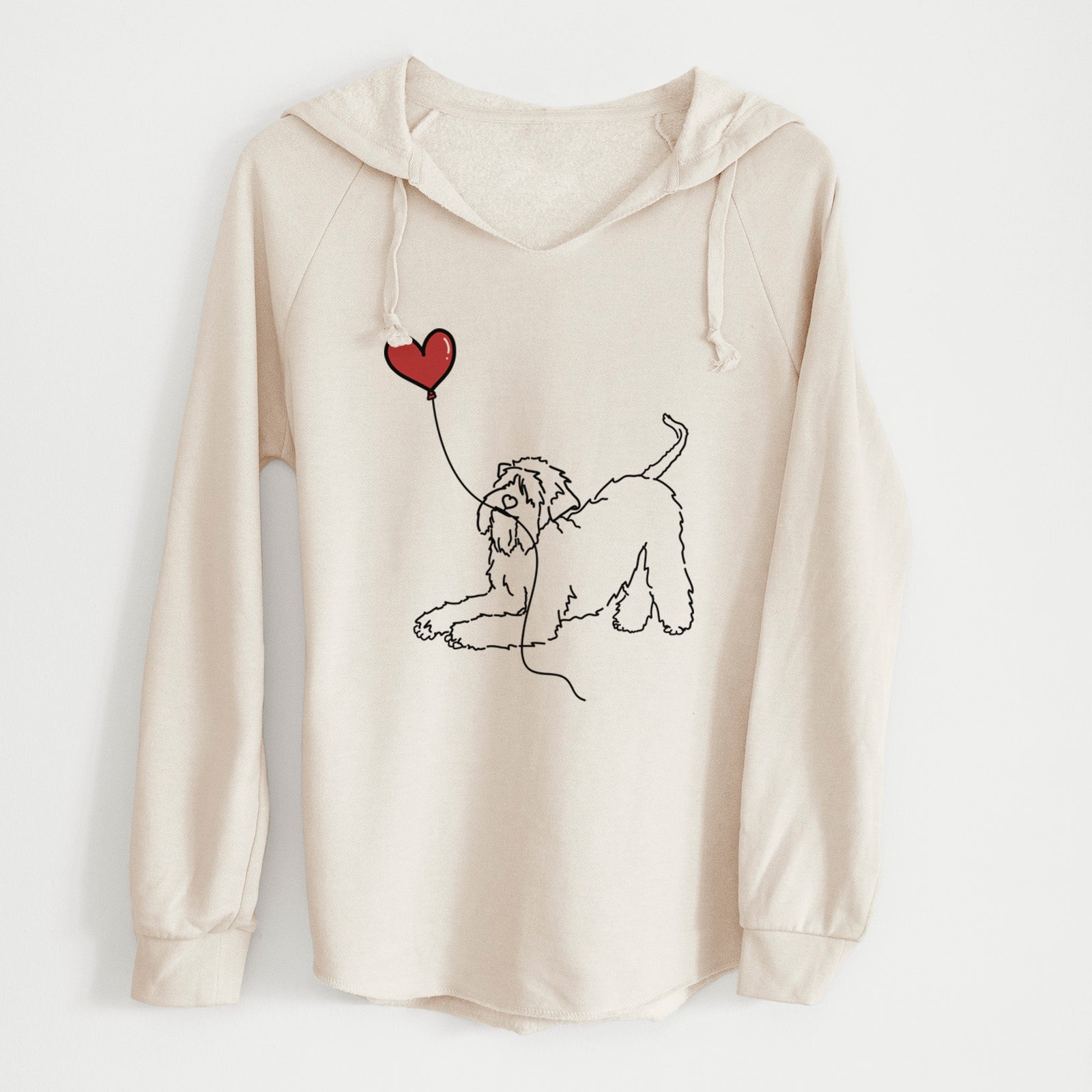 Minimalist line drawing of a Soft-Coated Wheaten Terrier Heart String holding a heart balloon on a Bone Cali Wave Hooded Sweatshirt