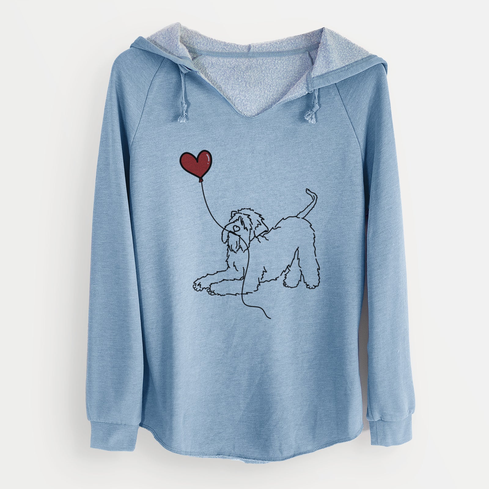 Minimalist line drawing of a Soft-Coated Wheaten Terrier Heart String holding a heart balloon on a Misty Blue Cali Wave Hooded Sweatshirt