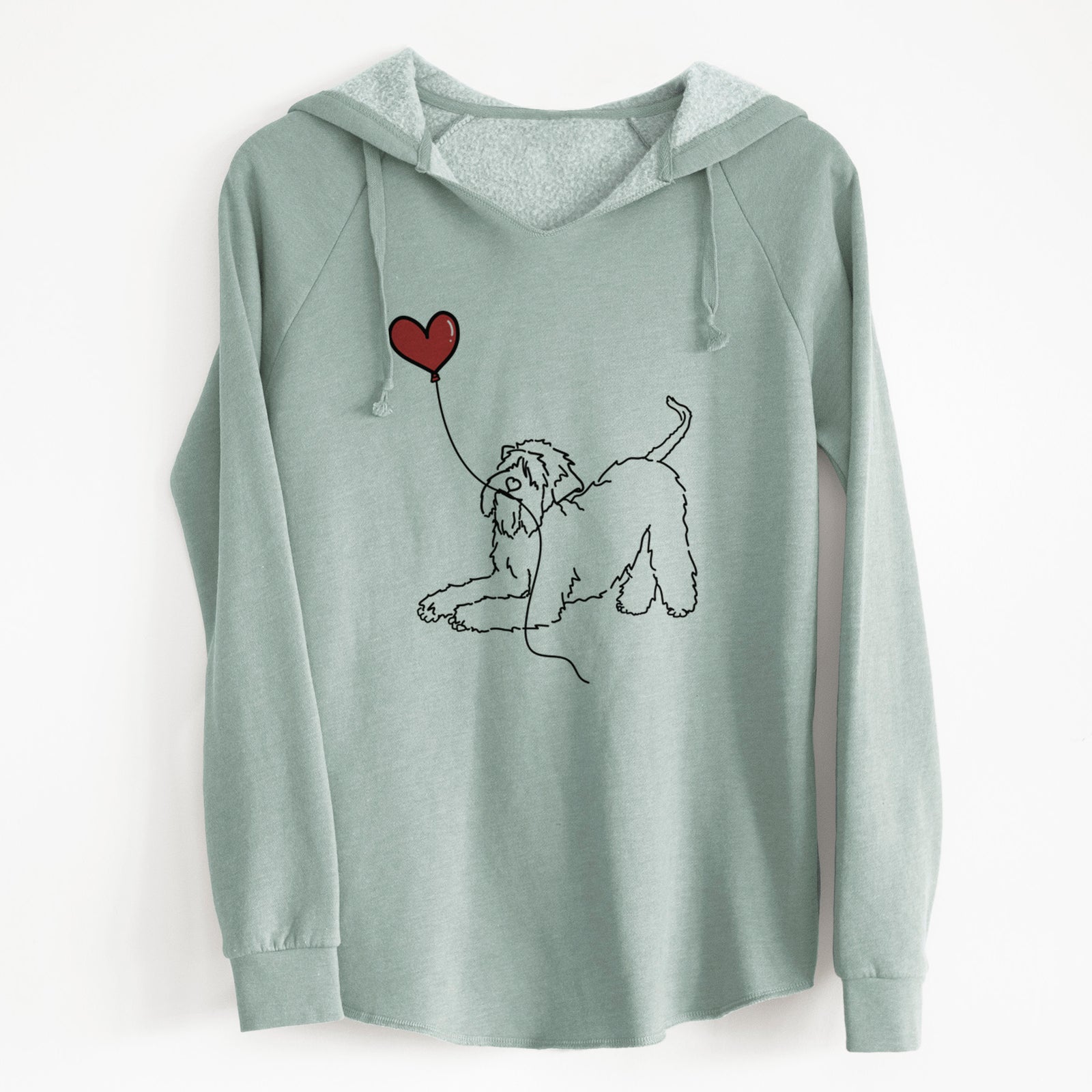 Minimalist line drawing of a Soft-Coated Wheaten Terrier Heart String holding a heart balloon on a Sage Cali Wave Hooded Sweatshirt
