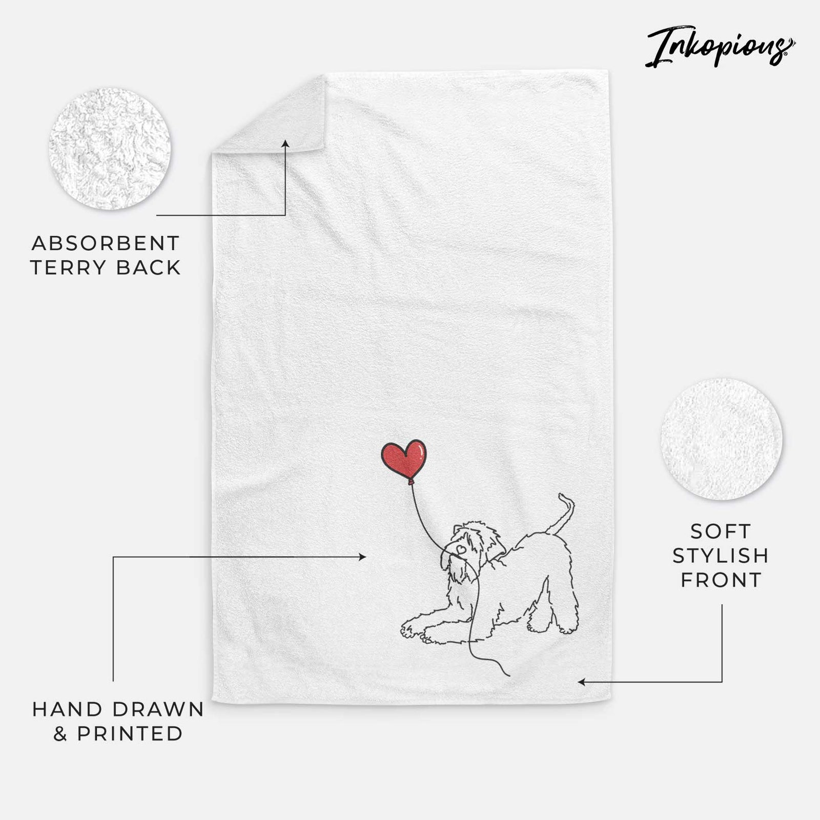 Minimalist line drawing of a Soft-Coated Wheaten Terrier Heart String holding a heart balloon on a decorative hand towel
