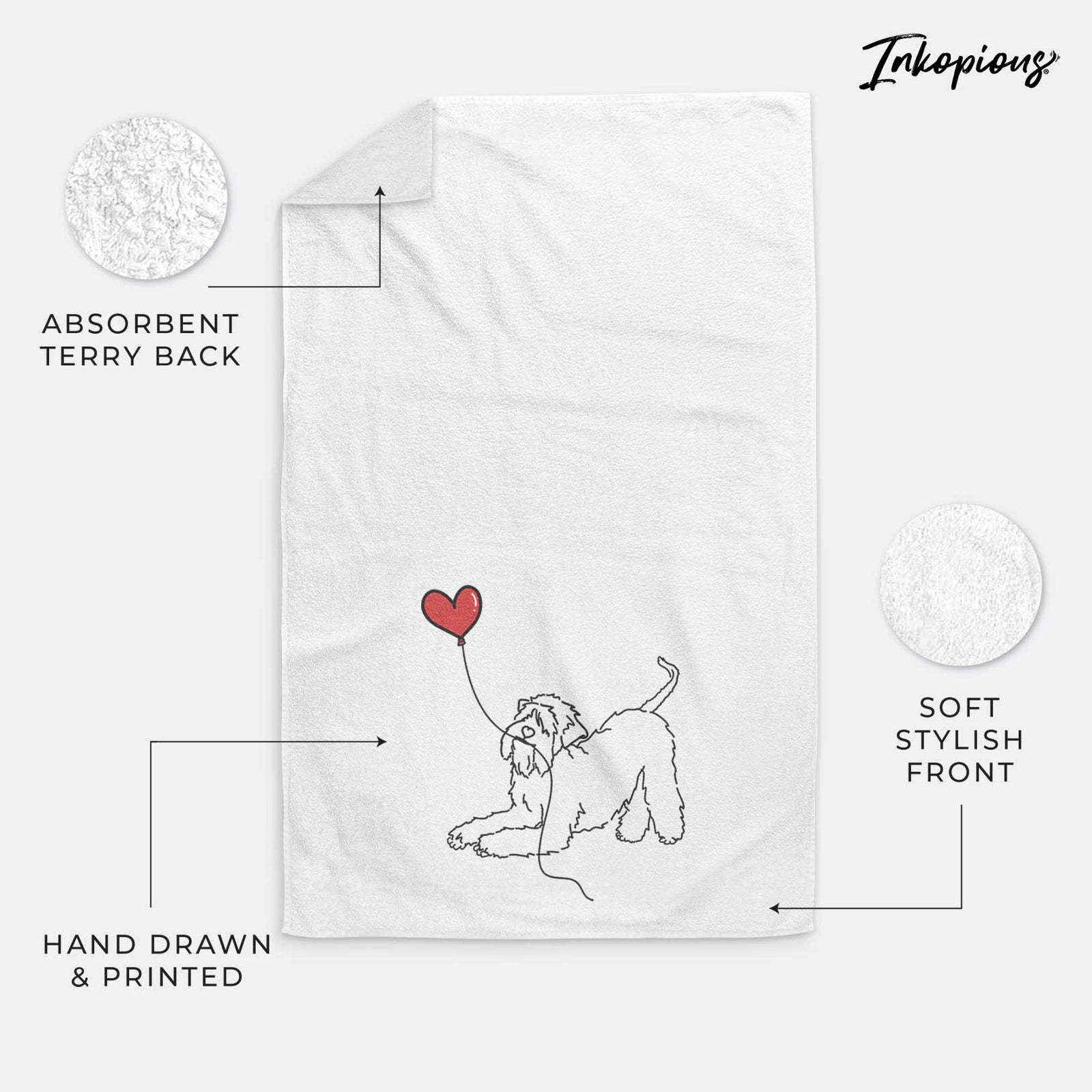 Minimalist line drawing of a Soft-Coated Wheaten Terrier Heart String holding a heart balloon on a decorative hand towel