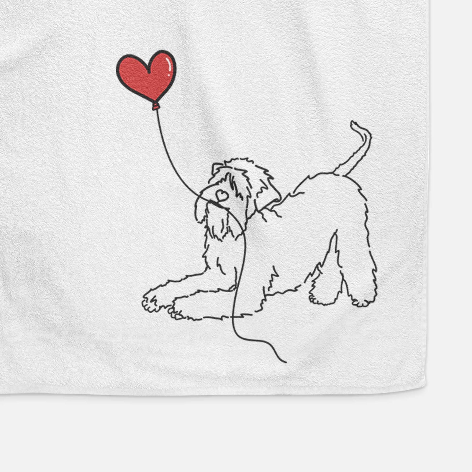 Minimalist line drawing of a Soft-Coated Wheaten Terrier Heart String holding a heart balloon on a decorative hand towel