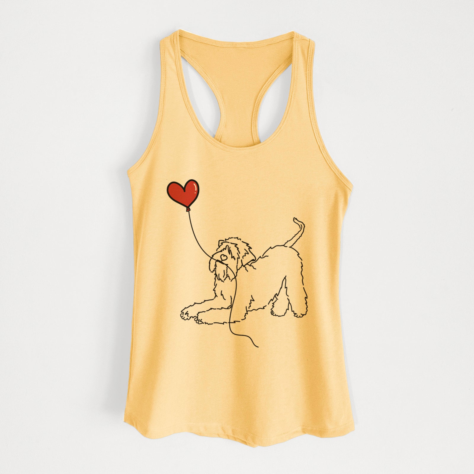 Minimalist line drawing of a Soft-Coated Wheaten Terrier Heart String holding a heart balloon on a Banana Cream Women's racerback tanktop
