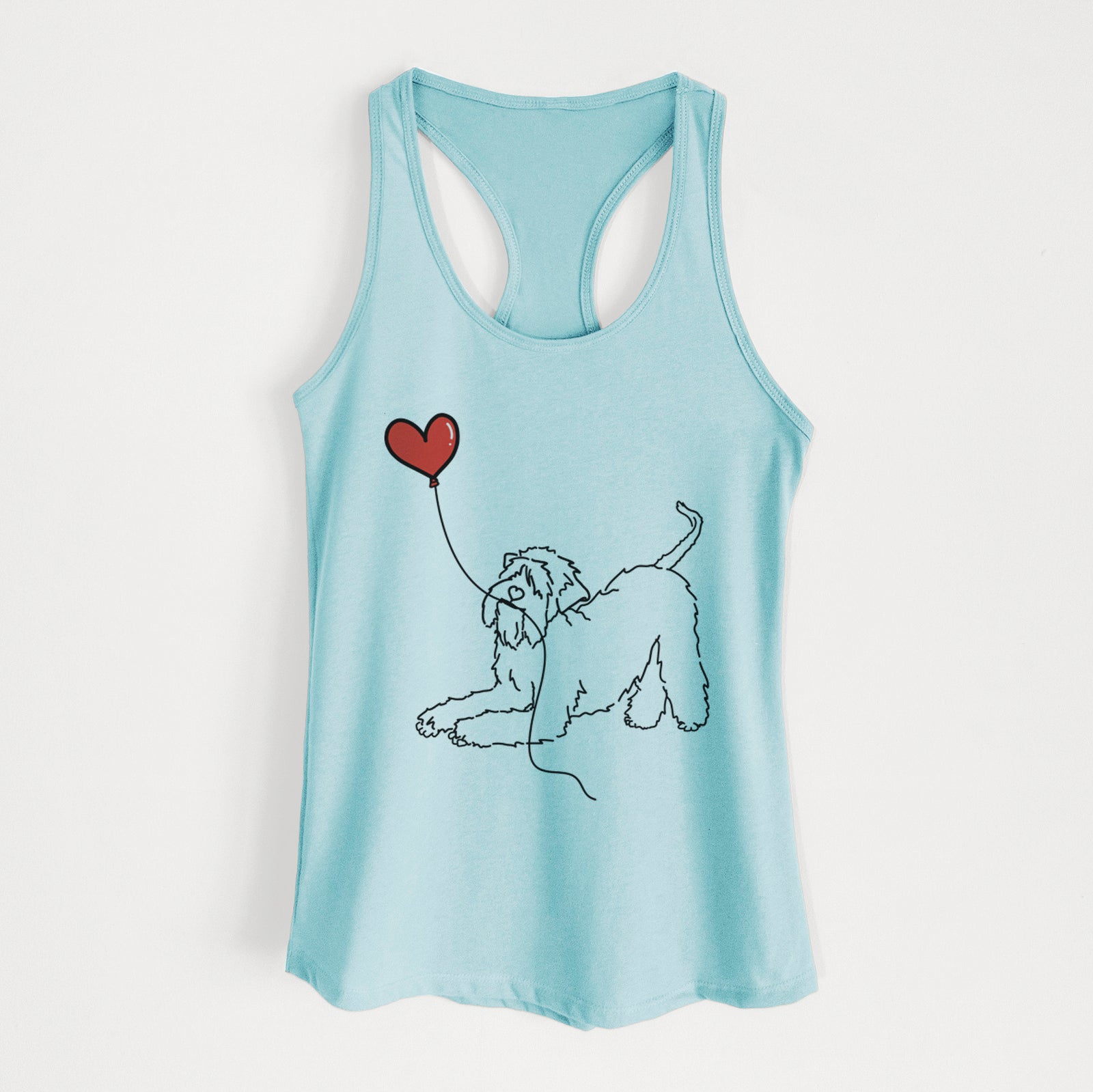 Minimalist line drawing of a Soft-Coated Wheaten Terrier Heart String holding a heart balloon on a Cancun Blue Women's racerback tanktop