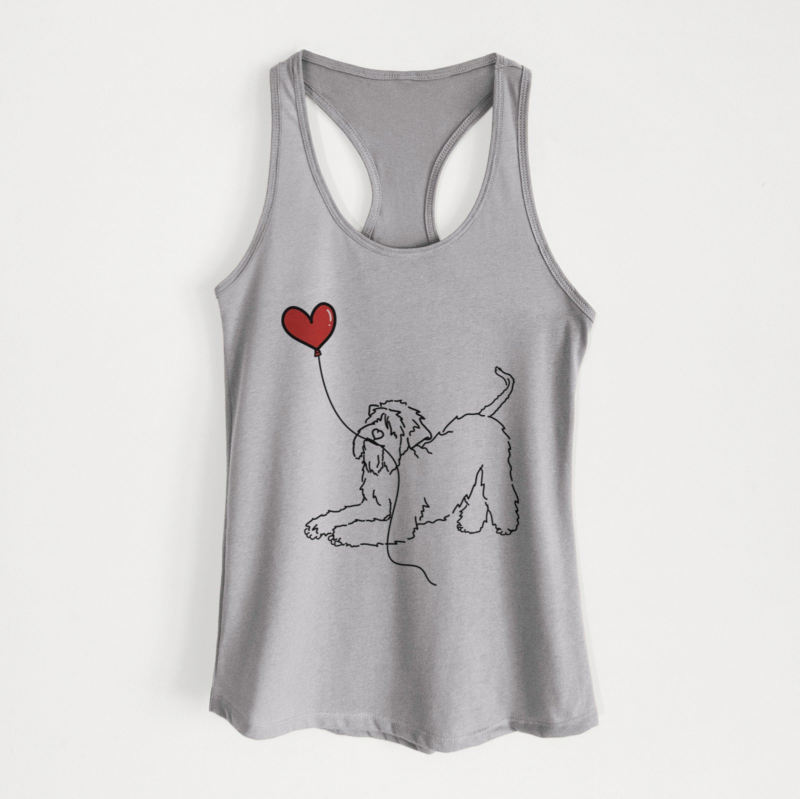 Minimalist line drawing of a Soft-Coated Wheaten Terrier Heart String holding a heart balloon on a Heather Grey Women's racerback tanktop