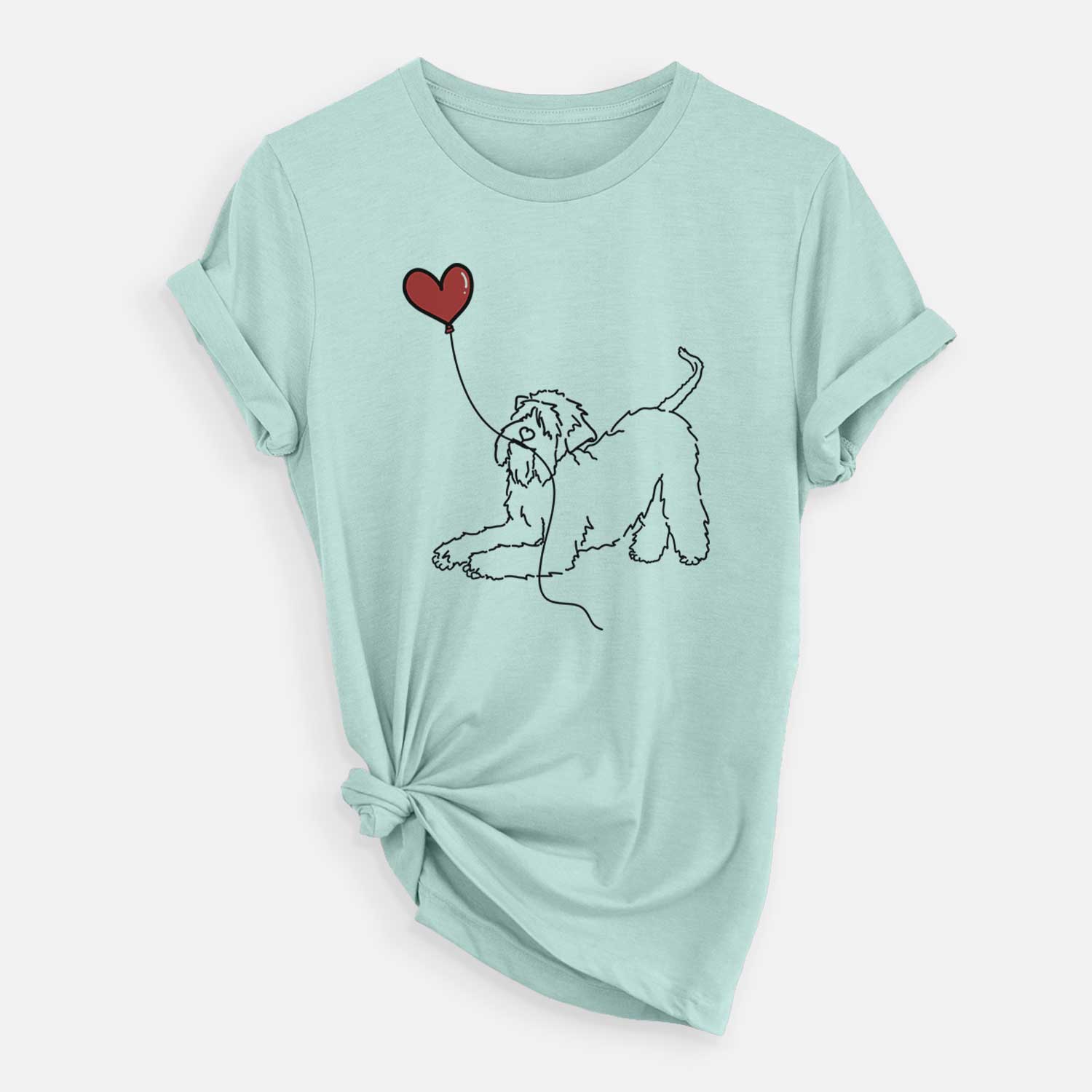 Minimalist line drawing of a Soft-Coated Wheaten Terrier Heart String holding a heart balloon on a Heather Sage Unisex crewneck