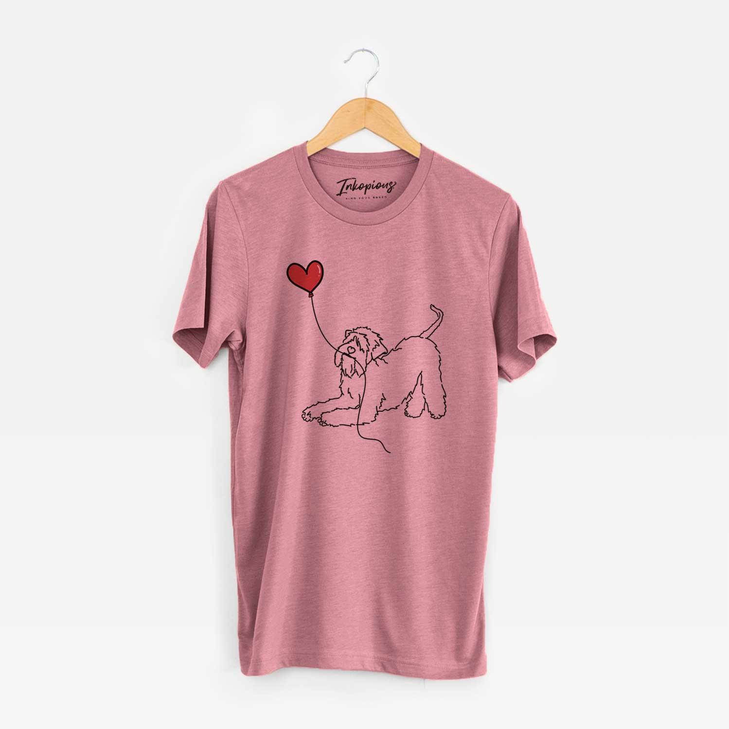 Minimalist line drawing of a Soft-Coated Wheaten Terrier Heart String holding a heart balloon on a Mauve Unisex crewneck