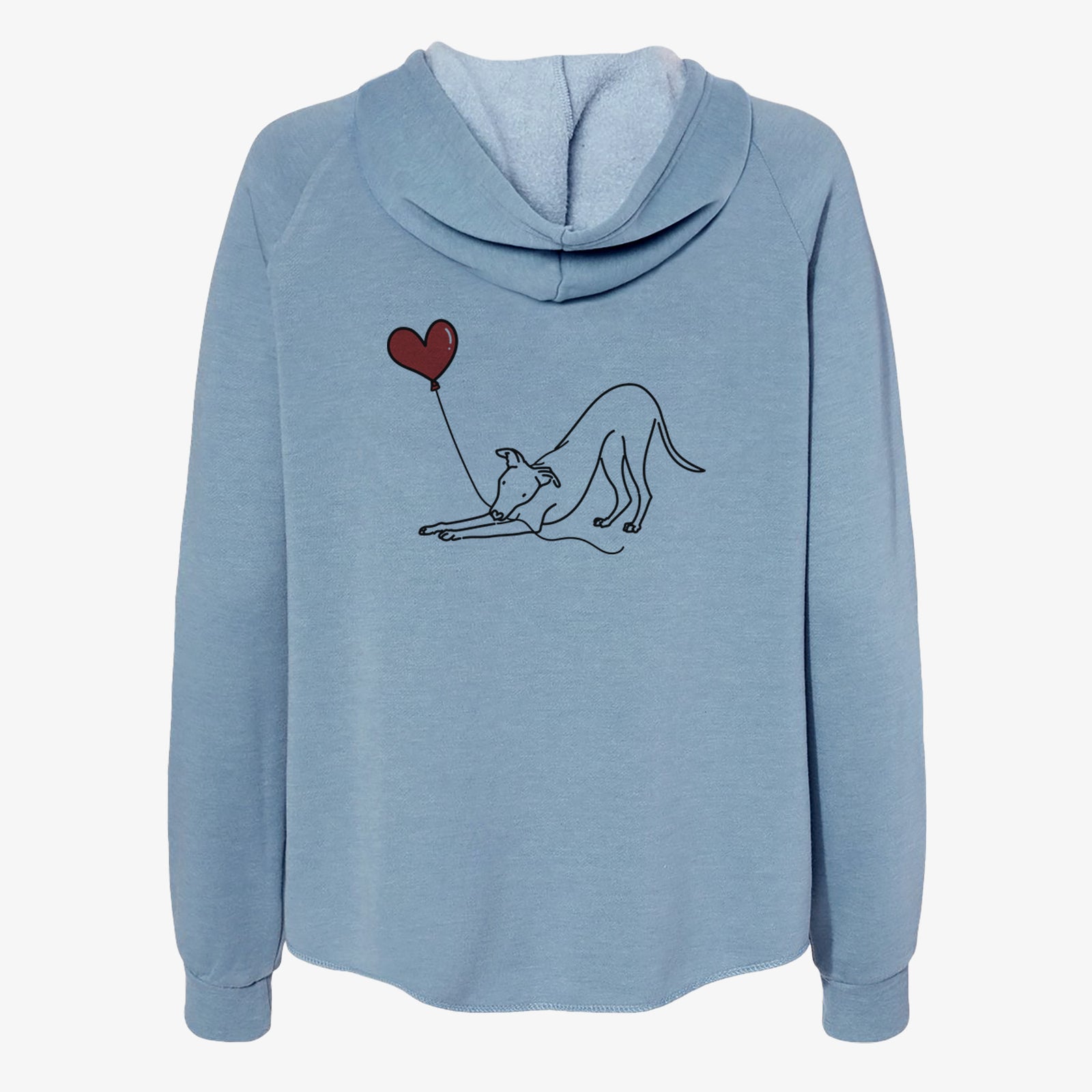Minimalist line drawing of a Whippet Heart String- Women's Cali Wave Zip-Up Sweatshirt holding a heart balloon on a Misty Blue Cali Wave Zipup Sweatshirt