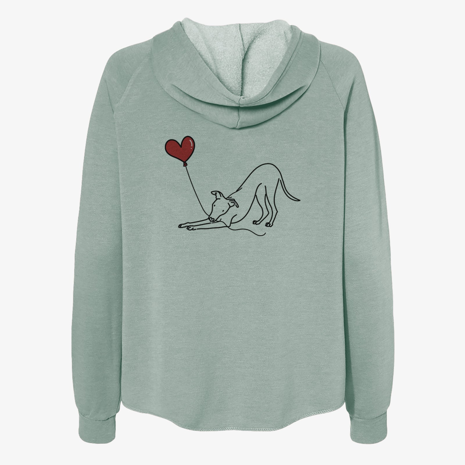 Minimalist line drawing of a Whippet Heart String- Women's Cali Wave Zip-Up Sweatshirt holding a heart balloon on a Sage Cali Wave Zipup Sweatshirt