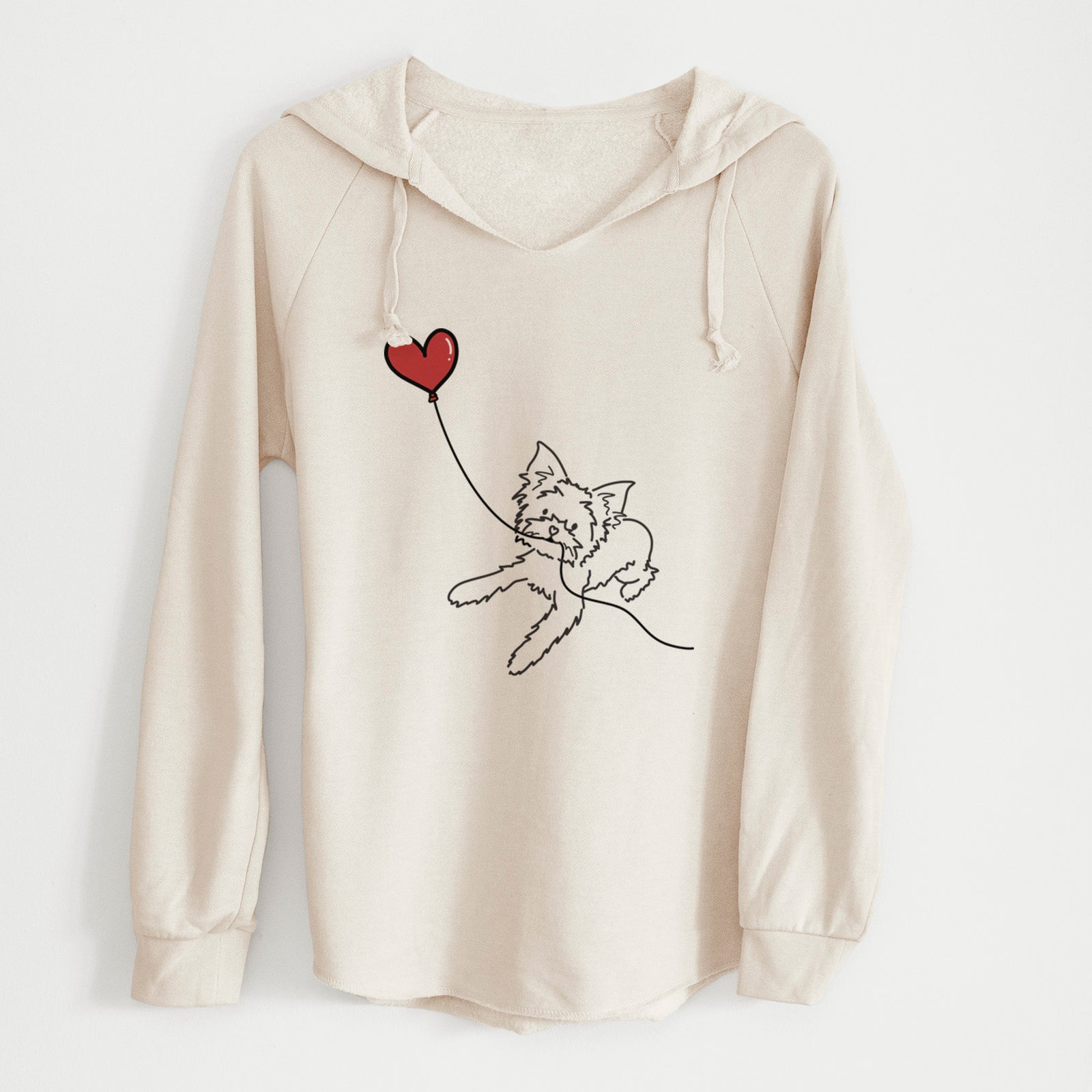 Minimalist line drawing of a Yorkshire Terrier Heart String holding a heart balloon on a Bone Cali Wave Hooded Sweatshirt
