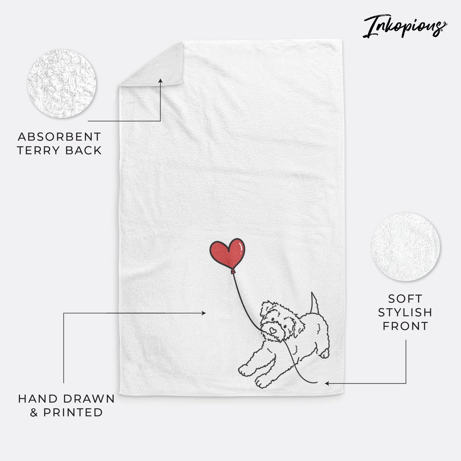Minimalist line drawing of a Yorkiepoo Heart String holding a heart balloon on a decorative hand towel