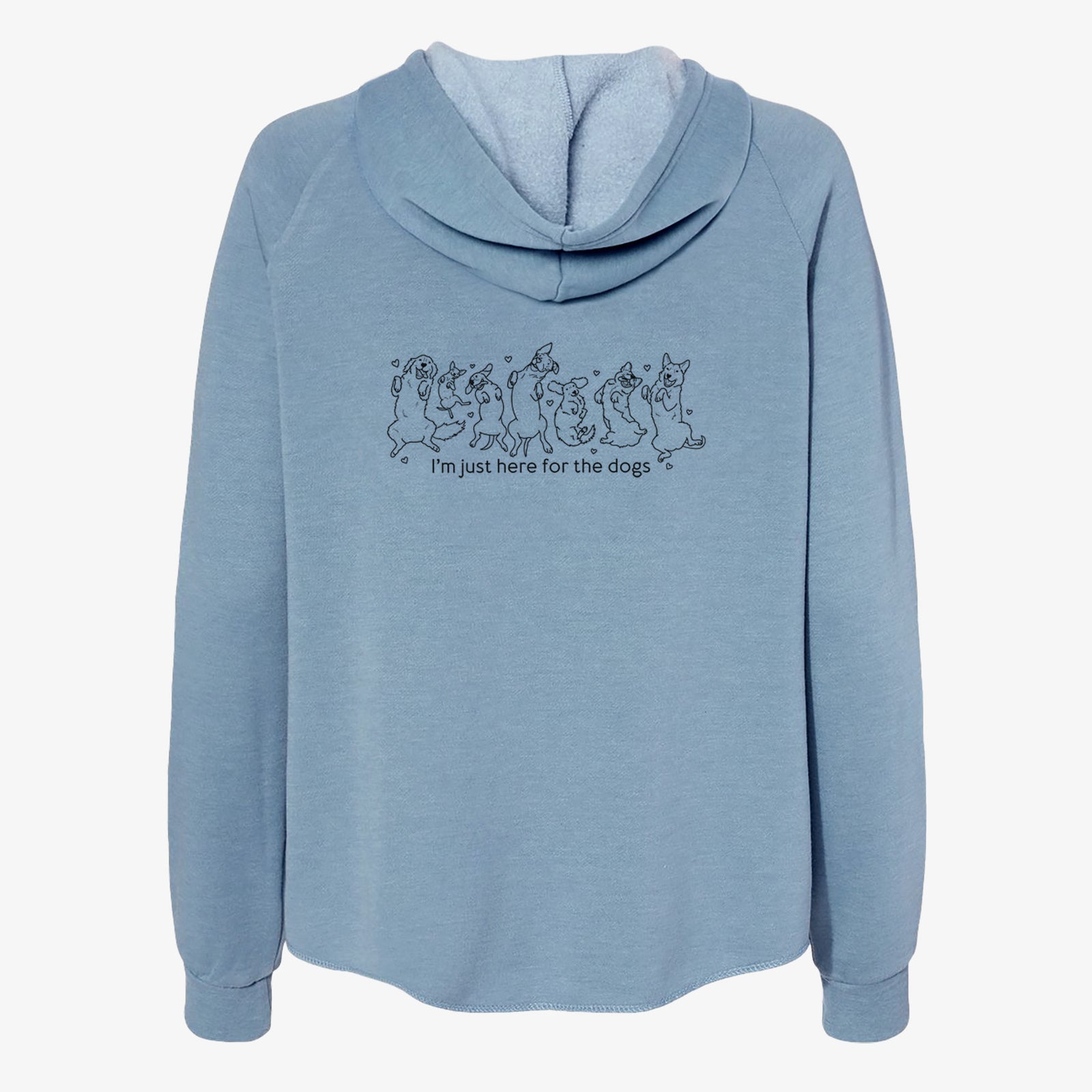 'I'm Just Here for the Dogs' design on a Misty Blue Women's cali wave zip-up sweatshirt