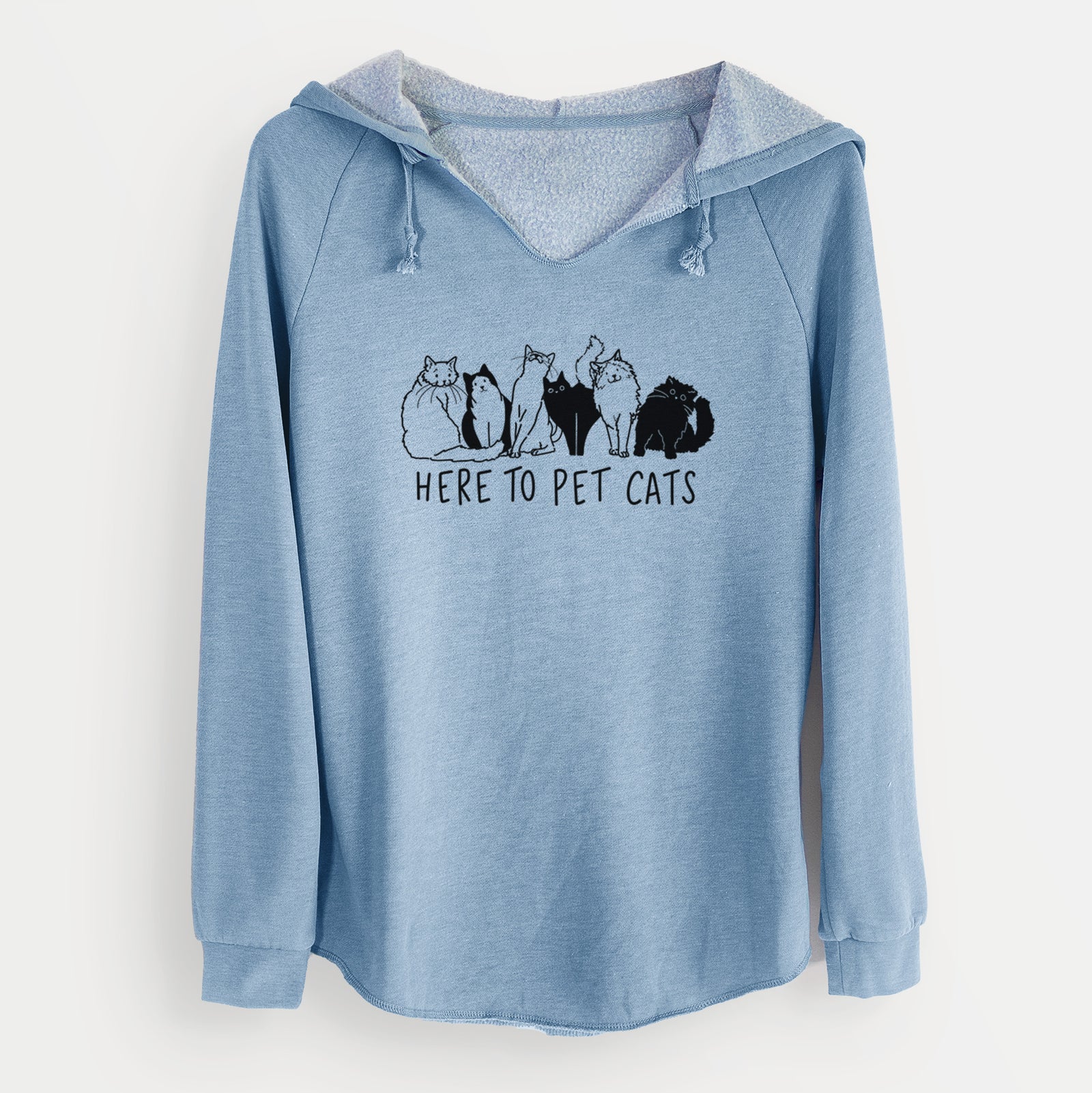 'Here to Pet Cats' design on a Misty Blue Cali Wave Hooded Sweatshirt