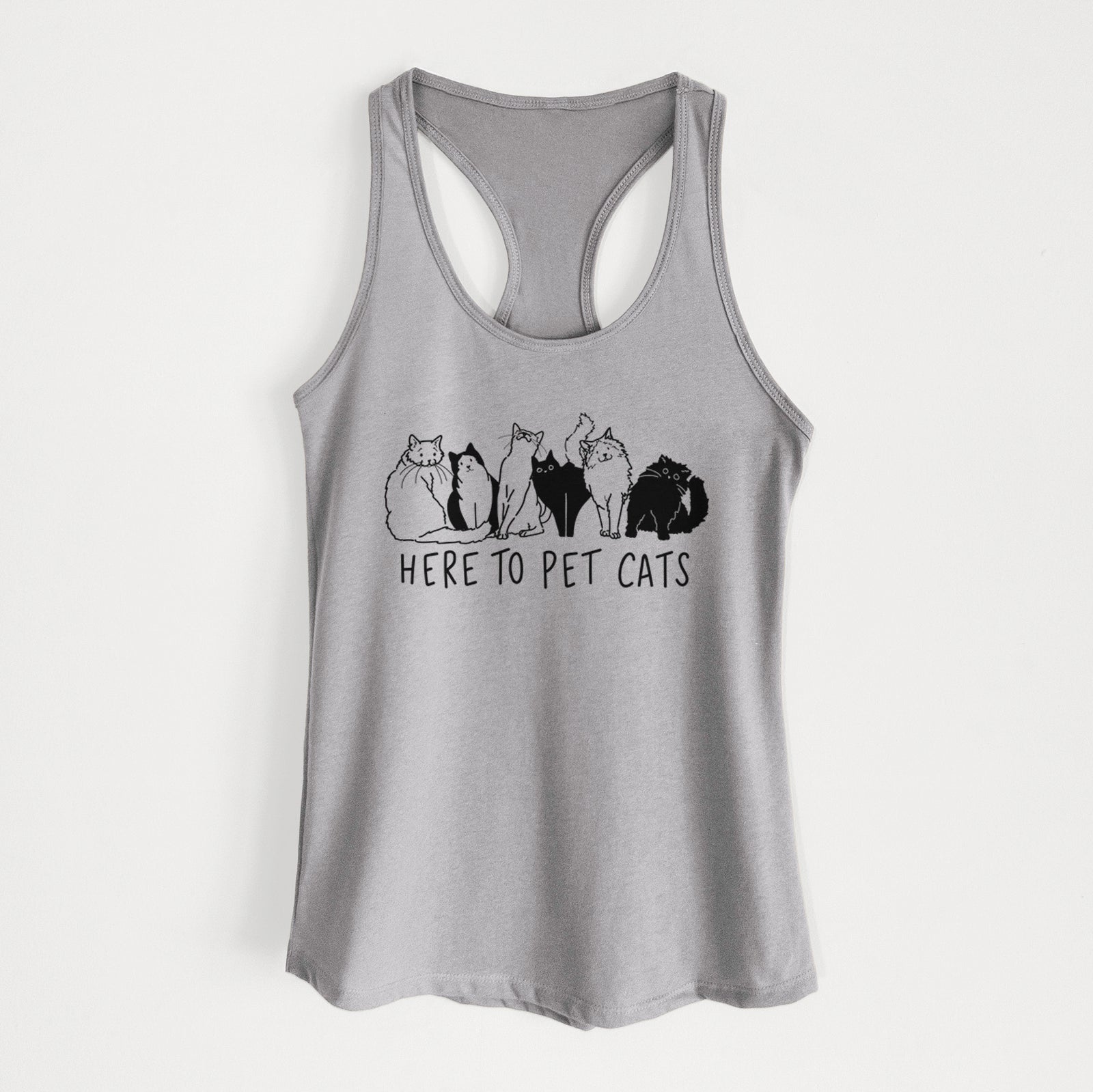 'Here to Pet Cats' design on a Heather Grey Women's racerback tanktop